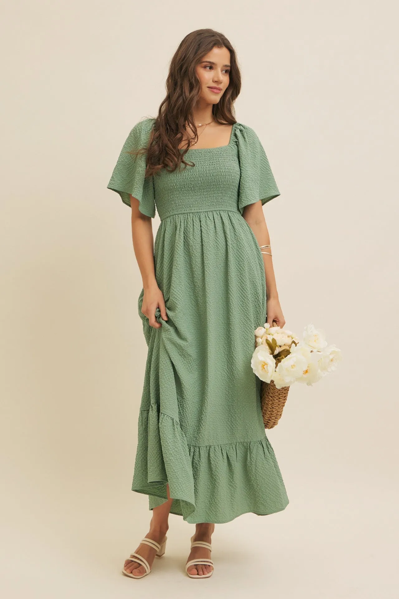 Green Convertible Stretchy Smocked Maternity Maxi Dress sold by Pinkblush product image thumbnail 4