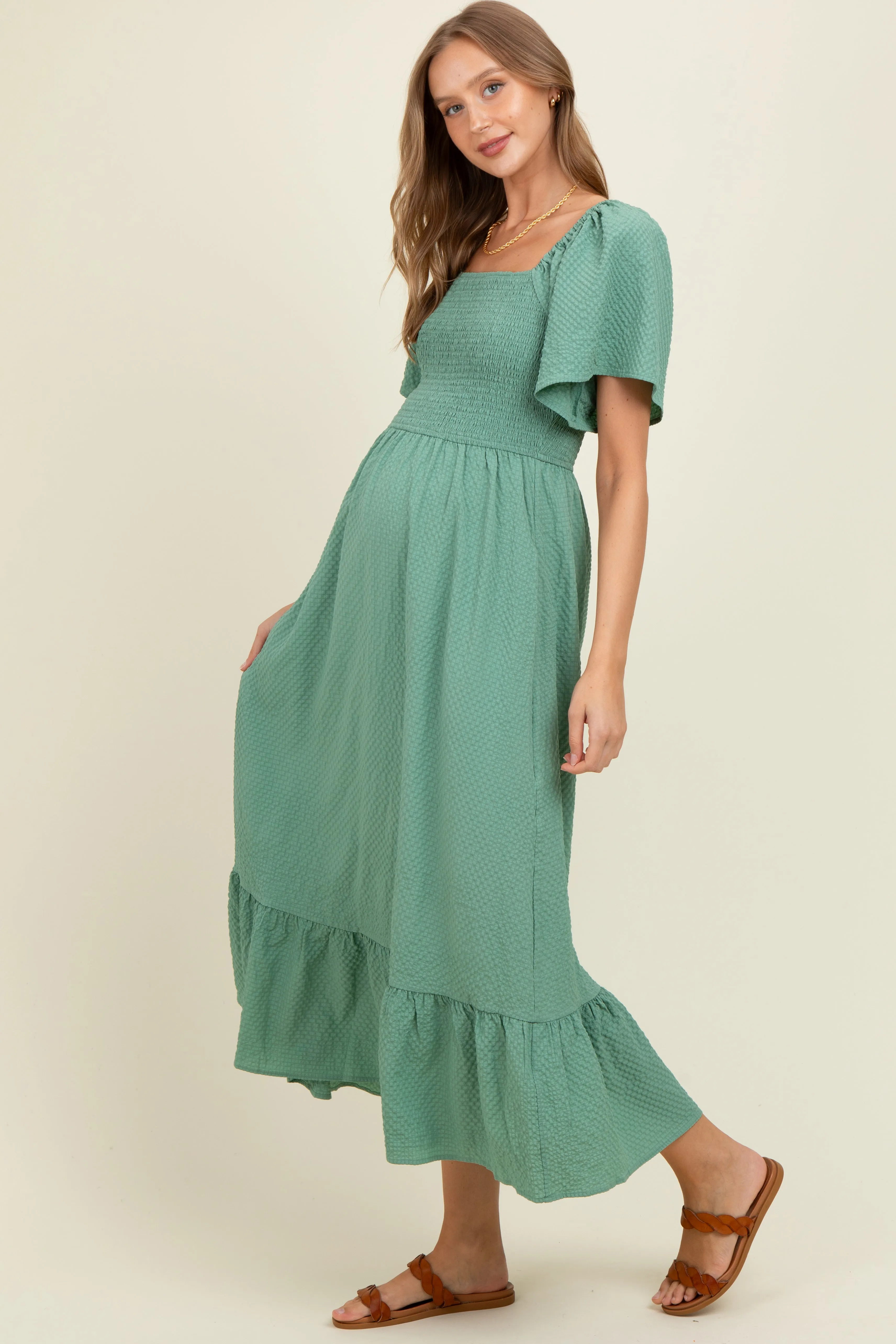 Green Convertible Stretchy Smocked Maternity Maxi Dress sold by Pinkblush product image thumbnail 2