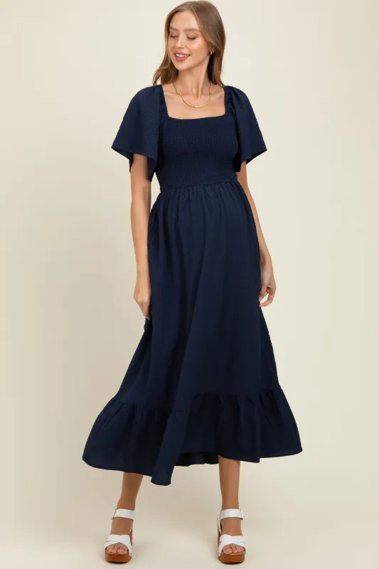 Navy Convertible Stretchy Smocked Maternity Maxi Dress sold by Pinkblush