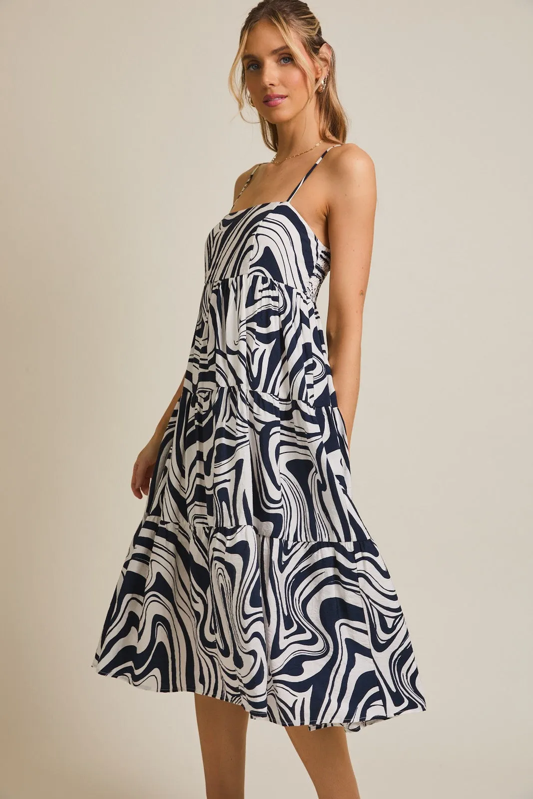 Navy Printed Tiered Sleeveless Midi Dress sold by Pinkblush product image thumbnail 5