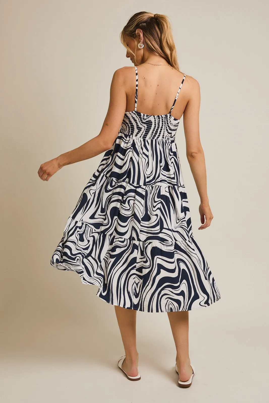 Navy Printed Tiered Sleeveless Midi Dress sold by Pinkblush product image thumbnail 4