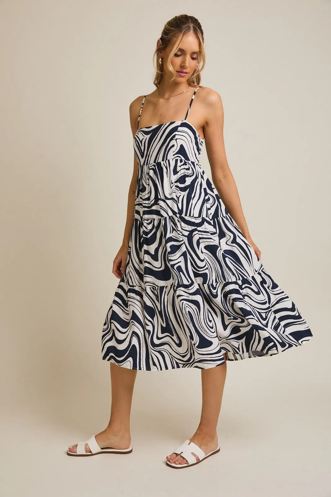 Navy Printed Tiered Sleeveless Midi Dress sold by Pinkblush