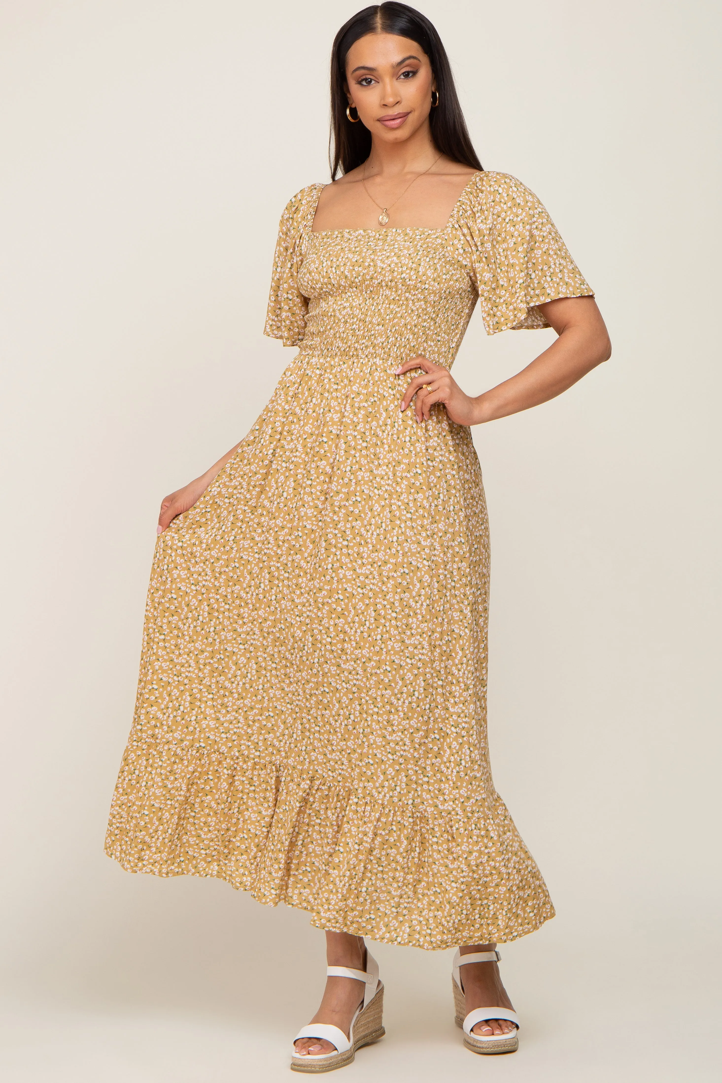 Yellow Floral Smocked Flounce Sleeve Maxi Dress sold by Pinkblush product image thumbnail 5