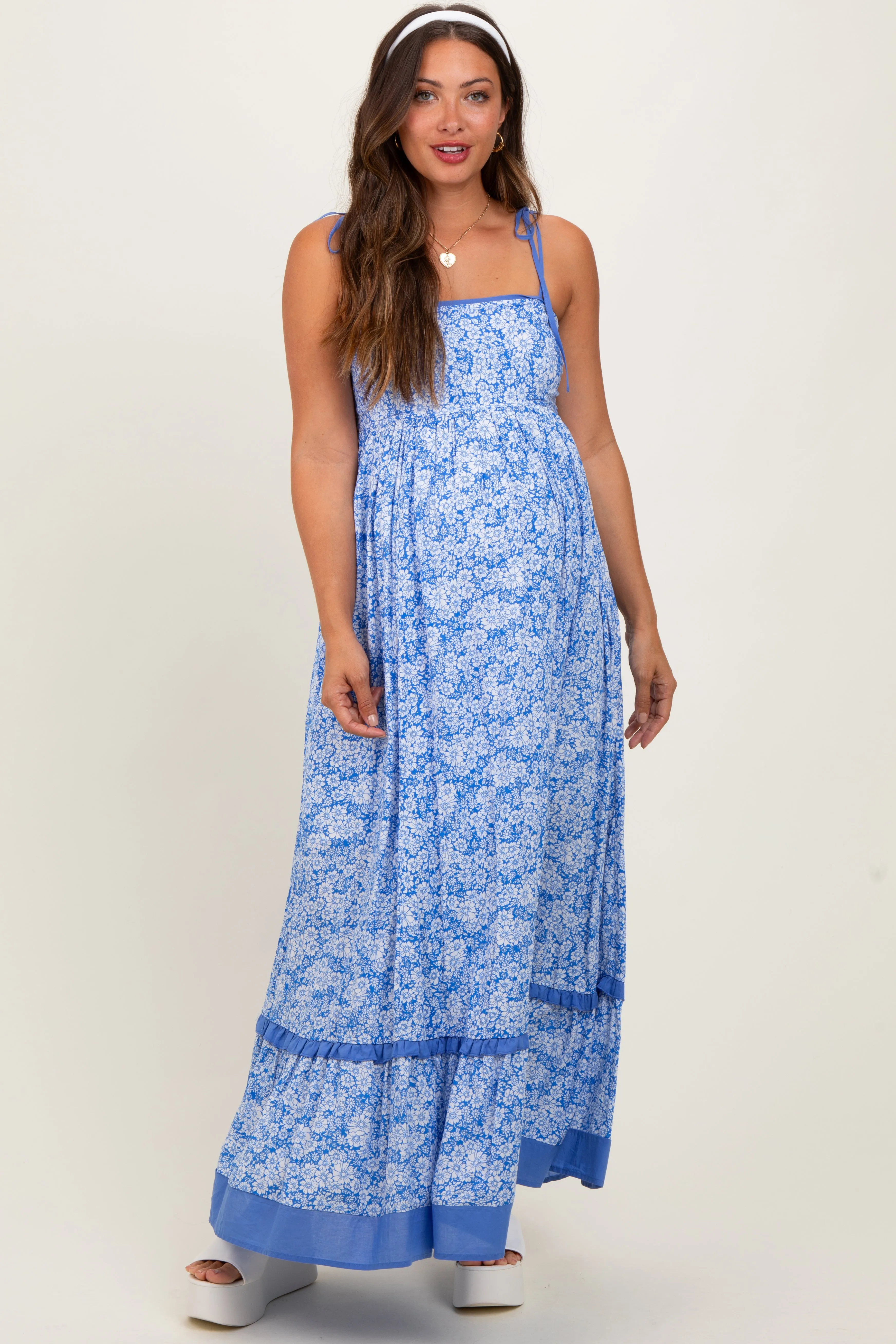 Blue Floral Shoulder Tie Maternity Maxi Dress sold by Pinkblush
