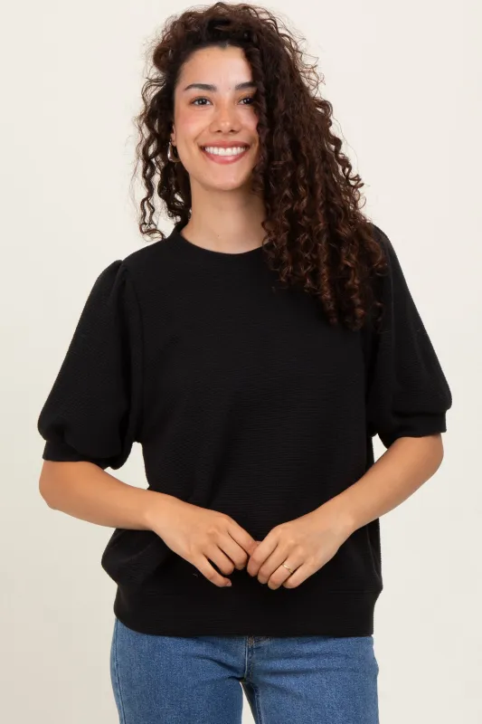 Black Knit Puff Sleeve Top sold by Pinkblush