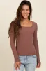 Brown Ribbed Square Neck Long Sleeve Top sold by Pinkblush