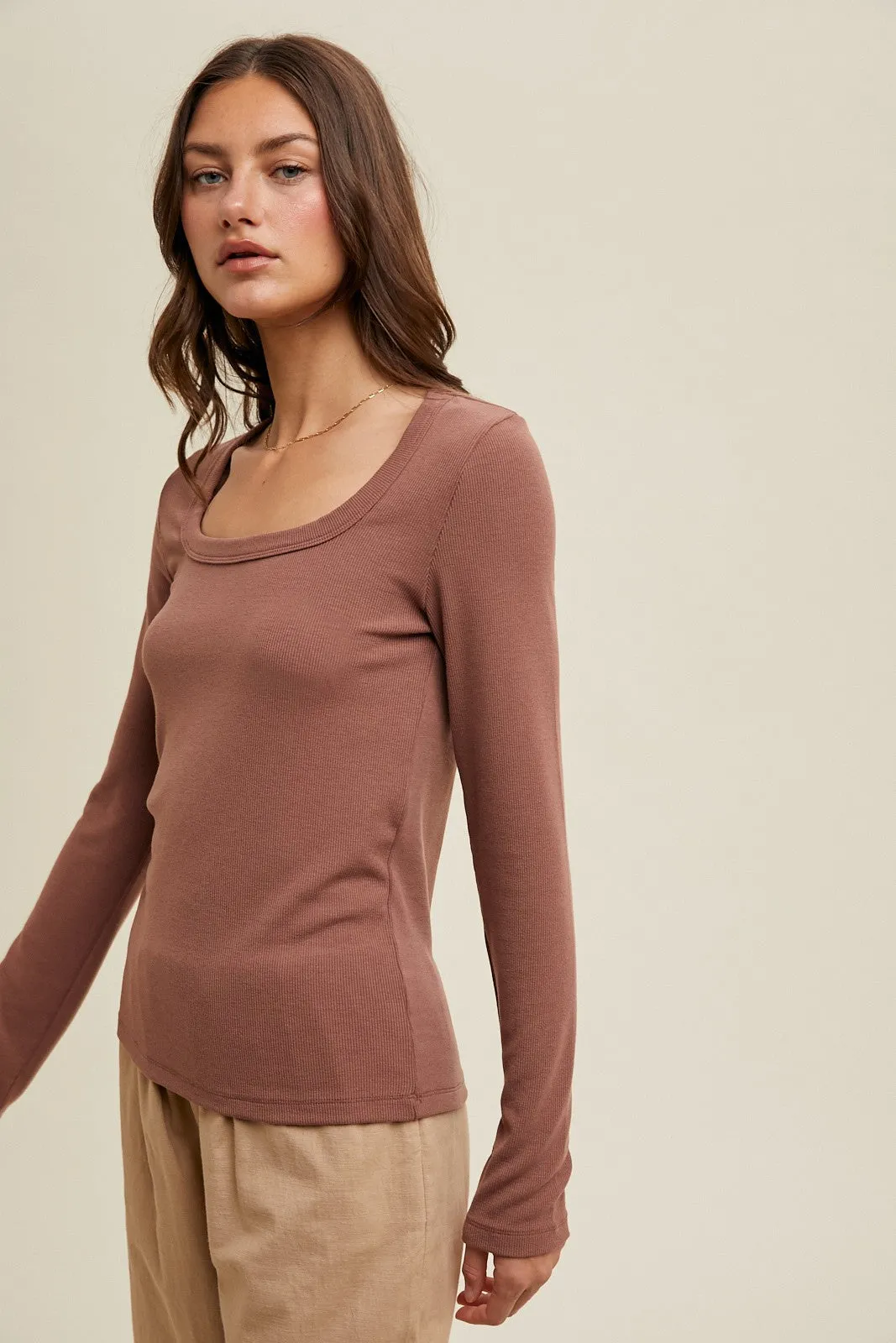 Brown Ribbed Square Neck Long Sleeve Top sold by Pinkblush product image thumbnail 2