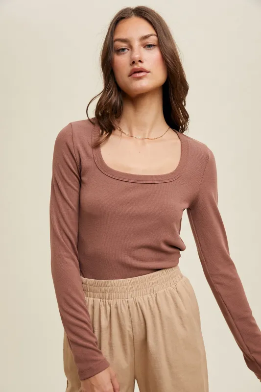 Brown Ribbed Square Neck Long Sleeve Top sold by Pinkblush