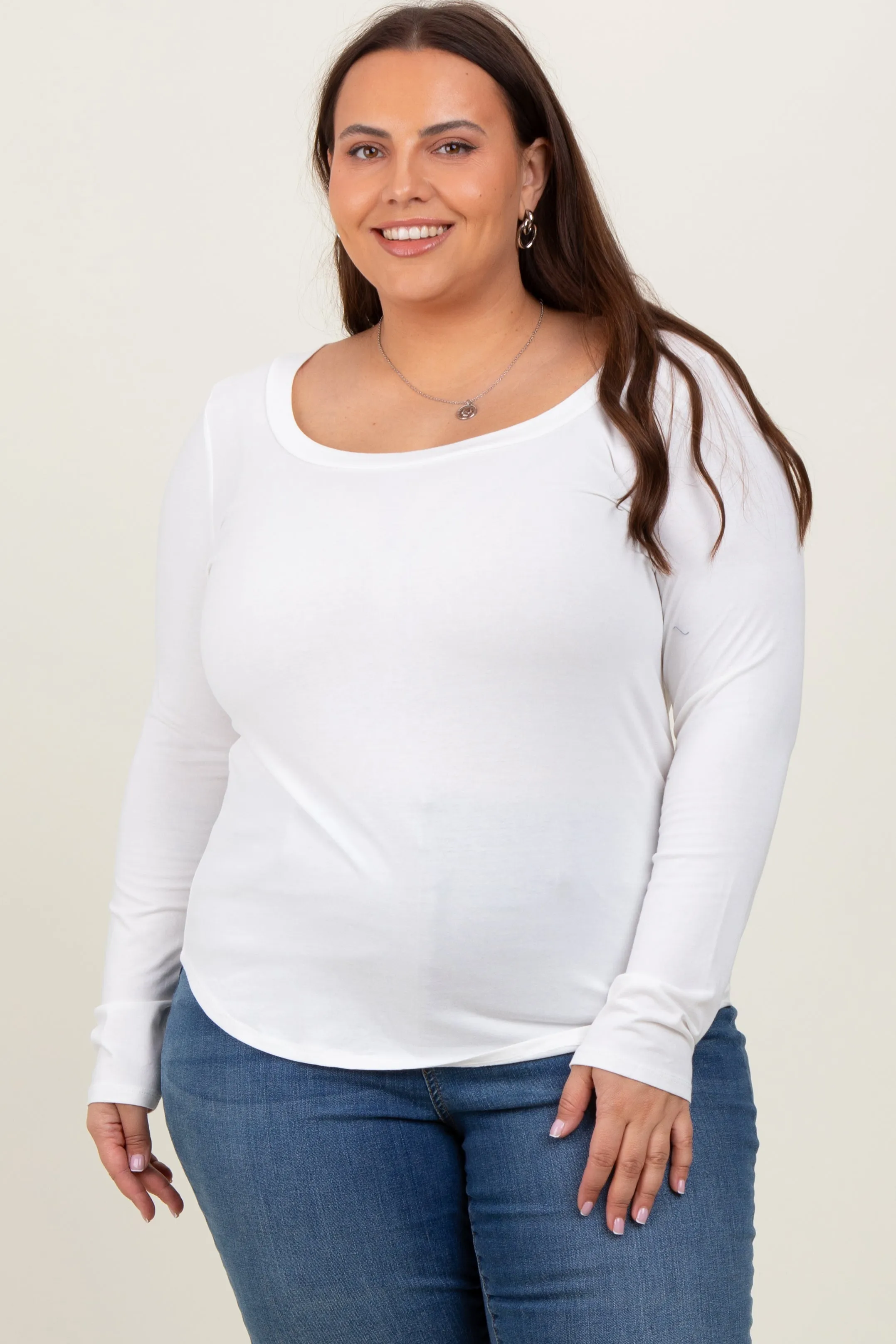White Basic Long Sleeve Plus Top sold by Pinkblush