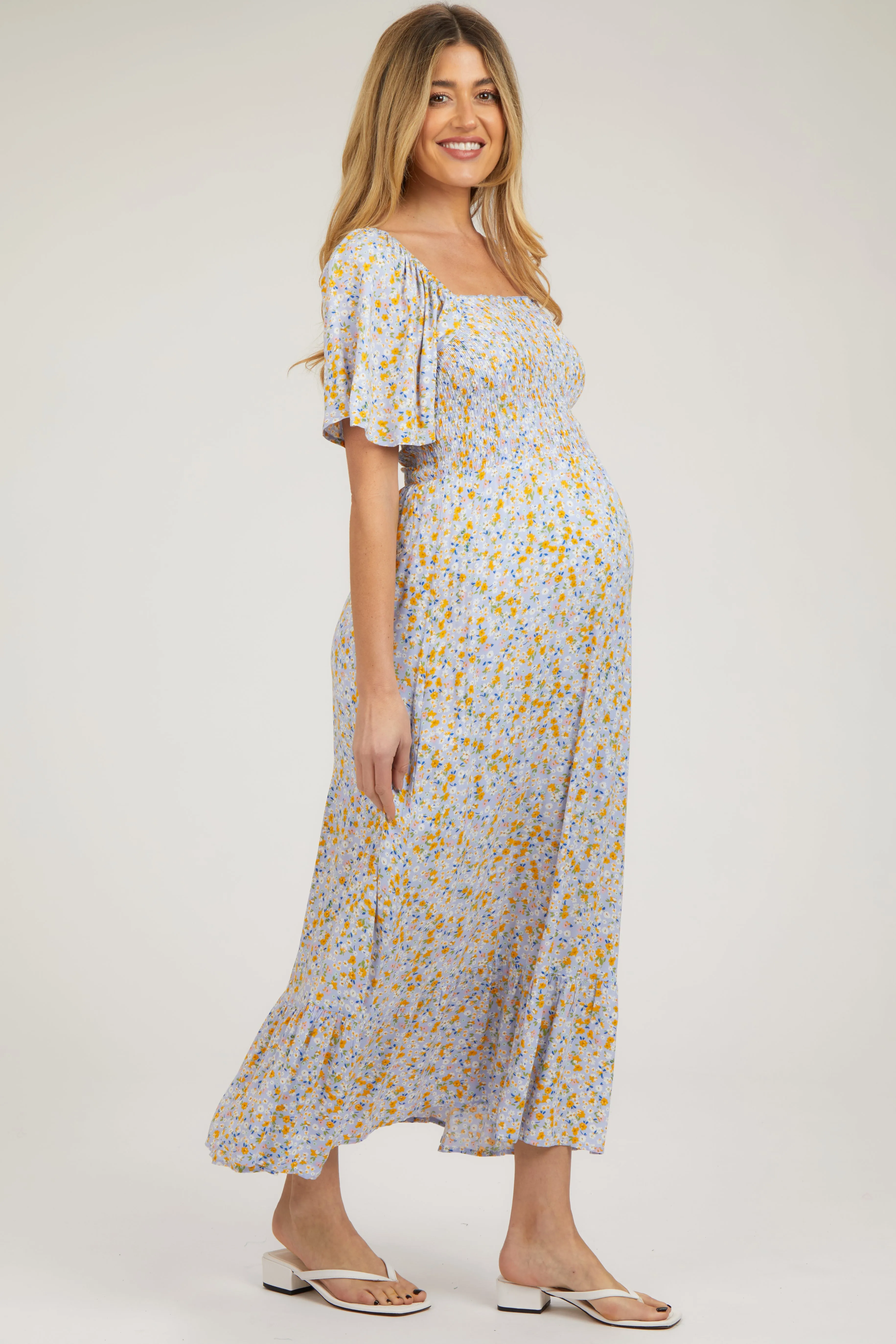 Light Blue Floral Smocked Maternity Maxi Dress sold by Pinkblush