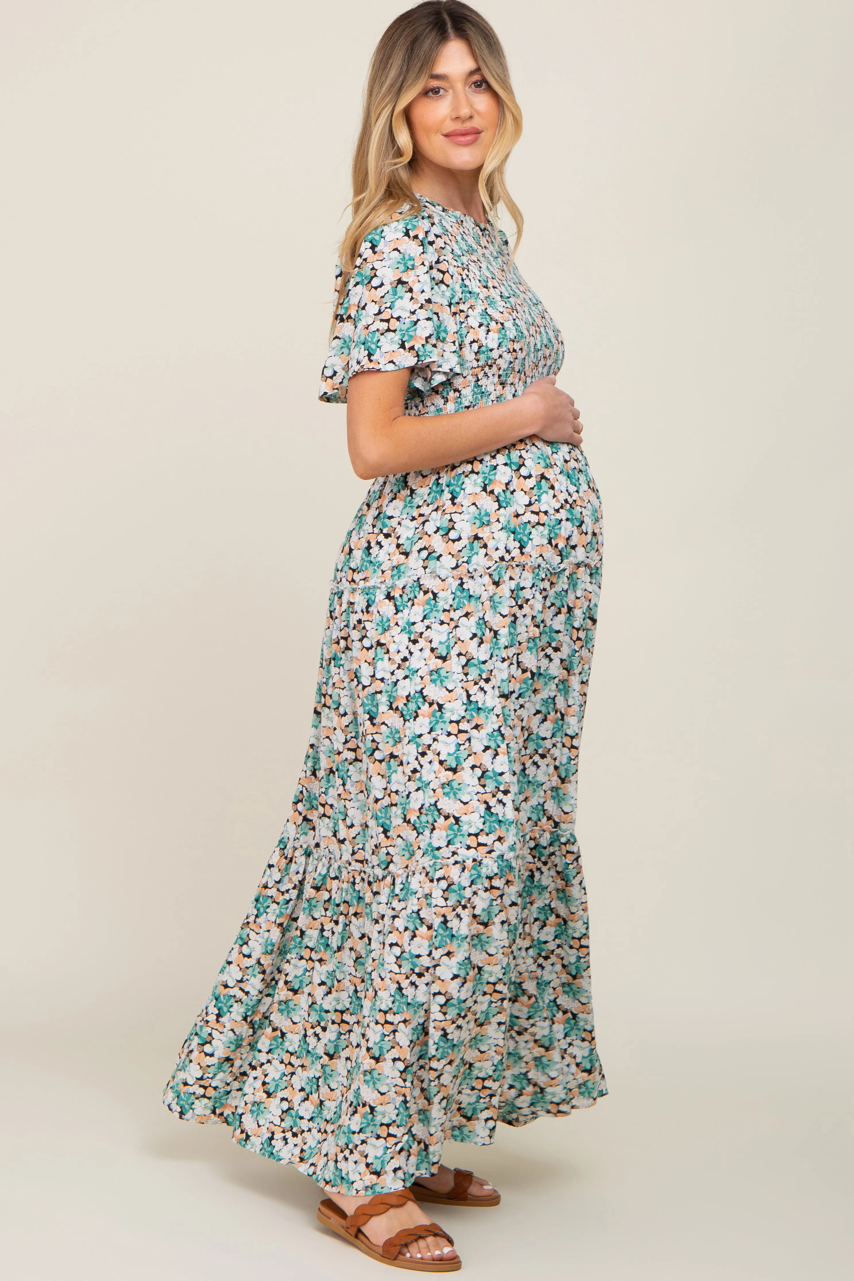 Green Floral Smocked Tiered Maternity Maxi Dress sold by Pinkblush product image thumbnail 2