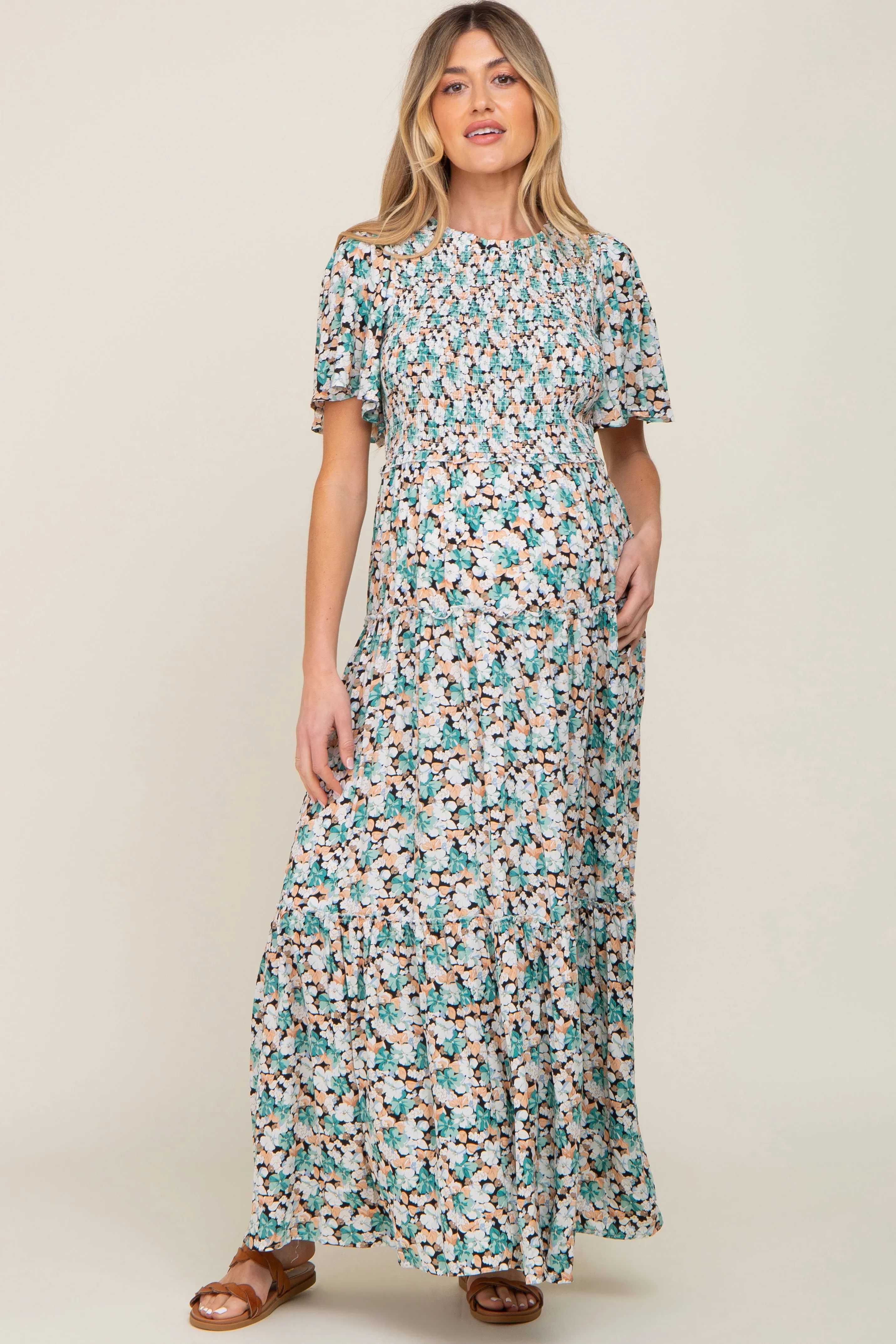 Green Floral Smocked Tiered Maternity Maxi Dress sold by Pinkblush