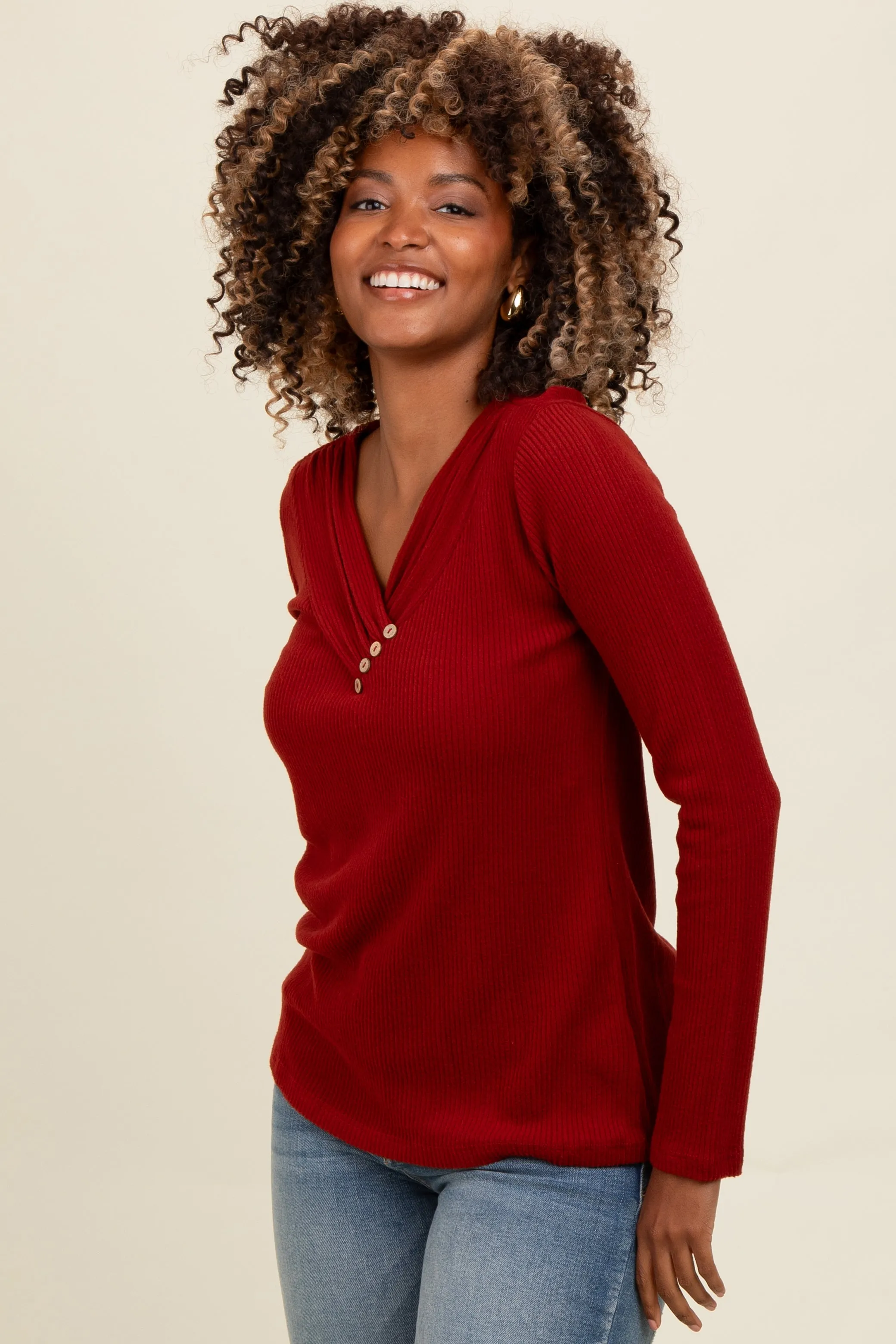 Rust V-Neck Long Sleeve Top sold by Pinkblush