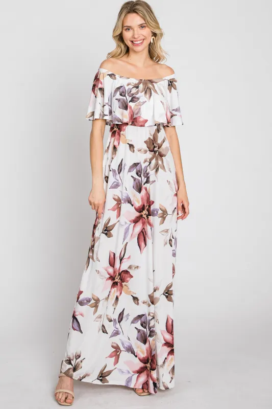 Ivory Floral Off Shoulder Maxi Dress sold by Pinkblush