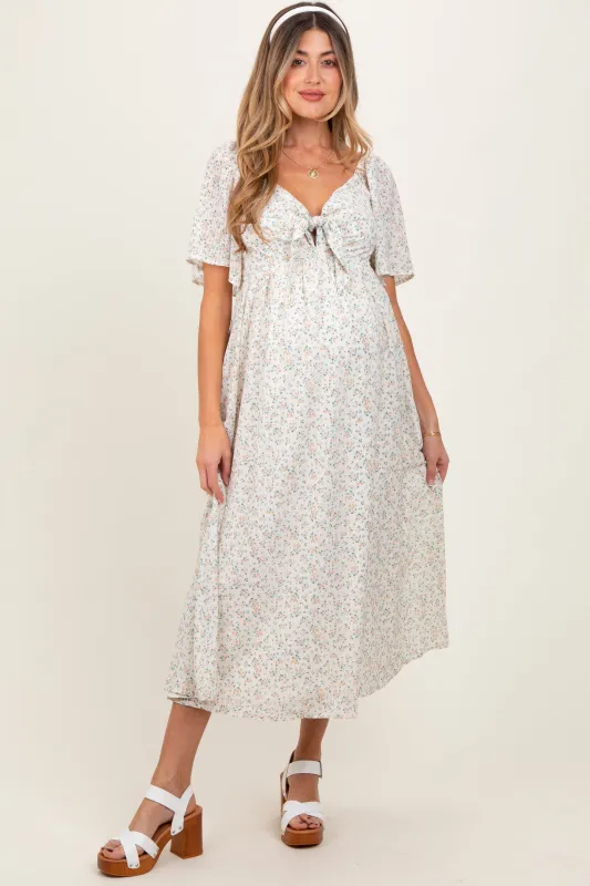 Peach Floral Front Tie Maternity Midi Dress sold by Pinkblush