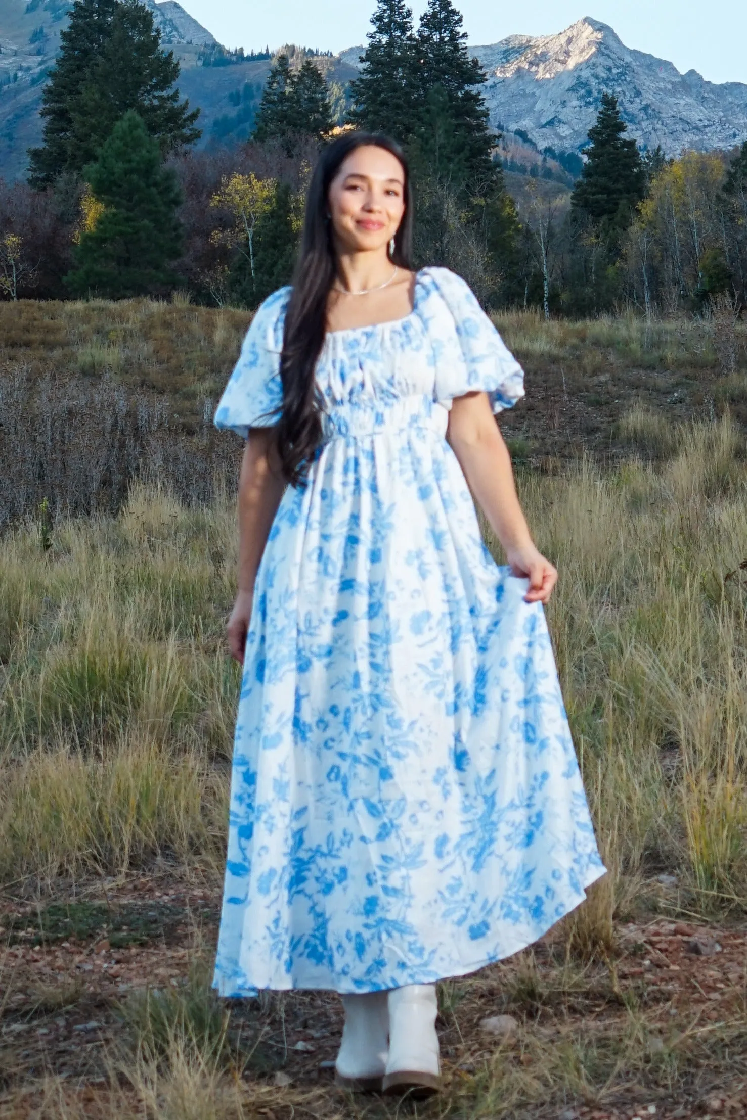 Blue Floral Puff Sleeve Maternity Midi Dress sold by Pinkblush product image thumbnail 5