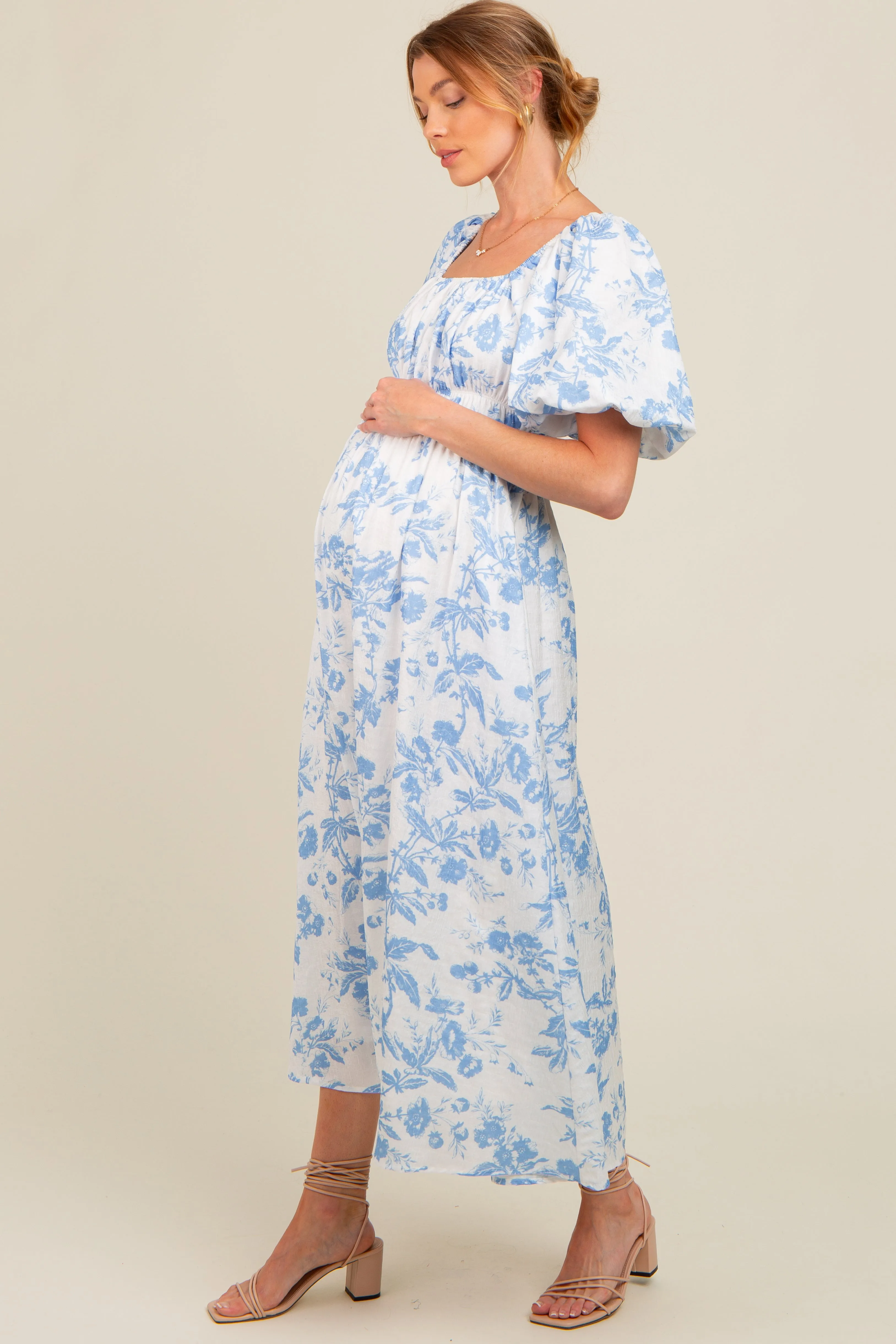 Blue Floral Puff Sleeve Maternity Midi Dress sold by Pinkblush product image thumbnail 2