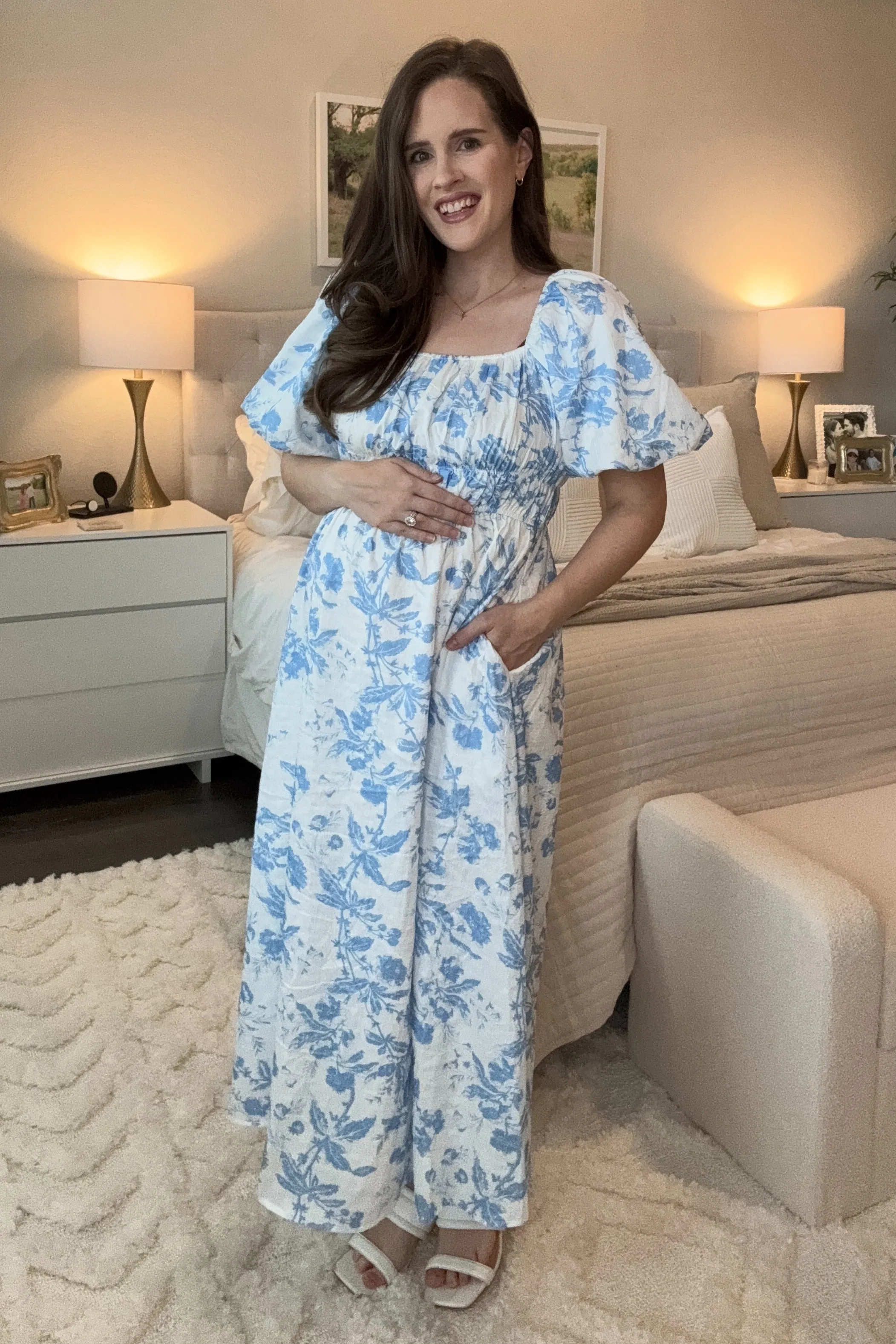 Blue Floral Puff Sleeve Maternity Midi Dress sold by Pinkblush product image thumbnail 4
