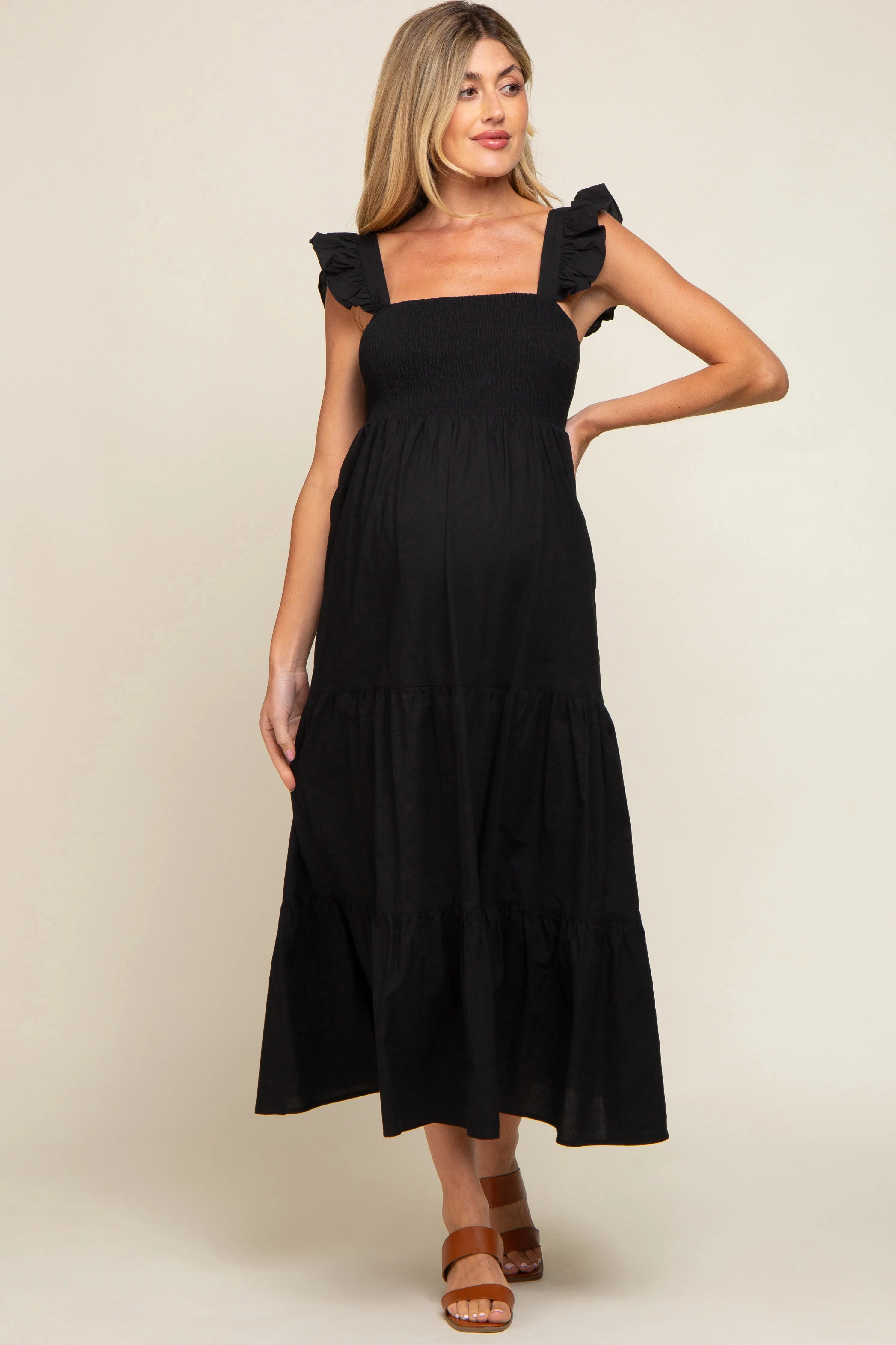 Black Sleeveless Tiered Maternity Maxi Dress sold by Pinkblush