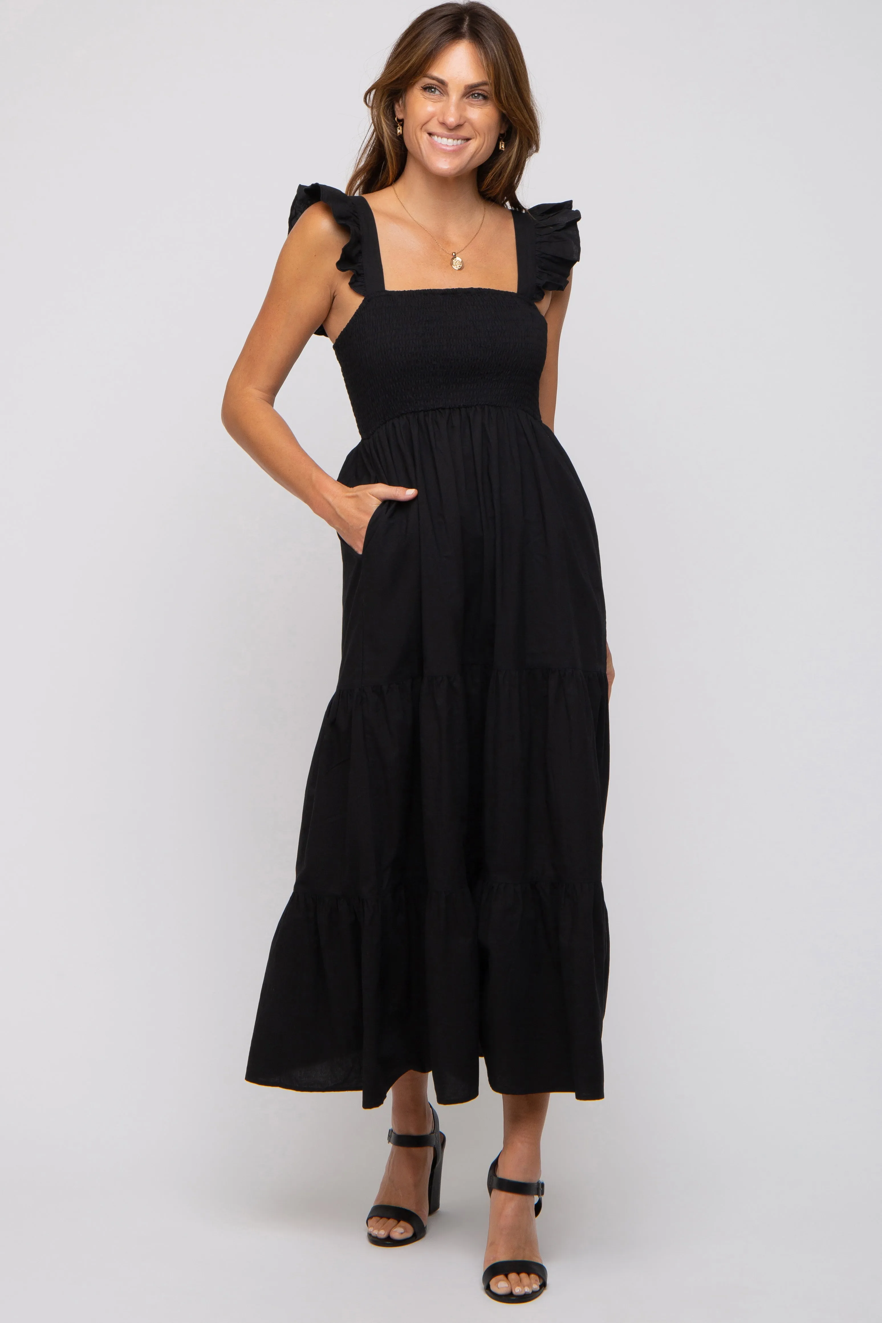 Black Sleeveless Tiered Maternity Maxi Dress sold by Pinkblush product image thumbnail 5