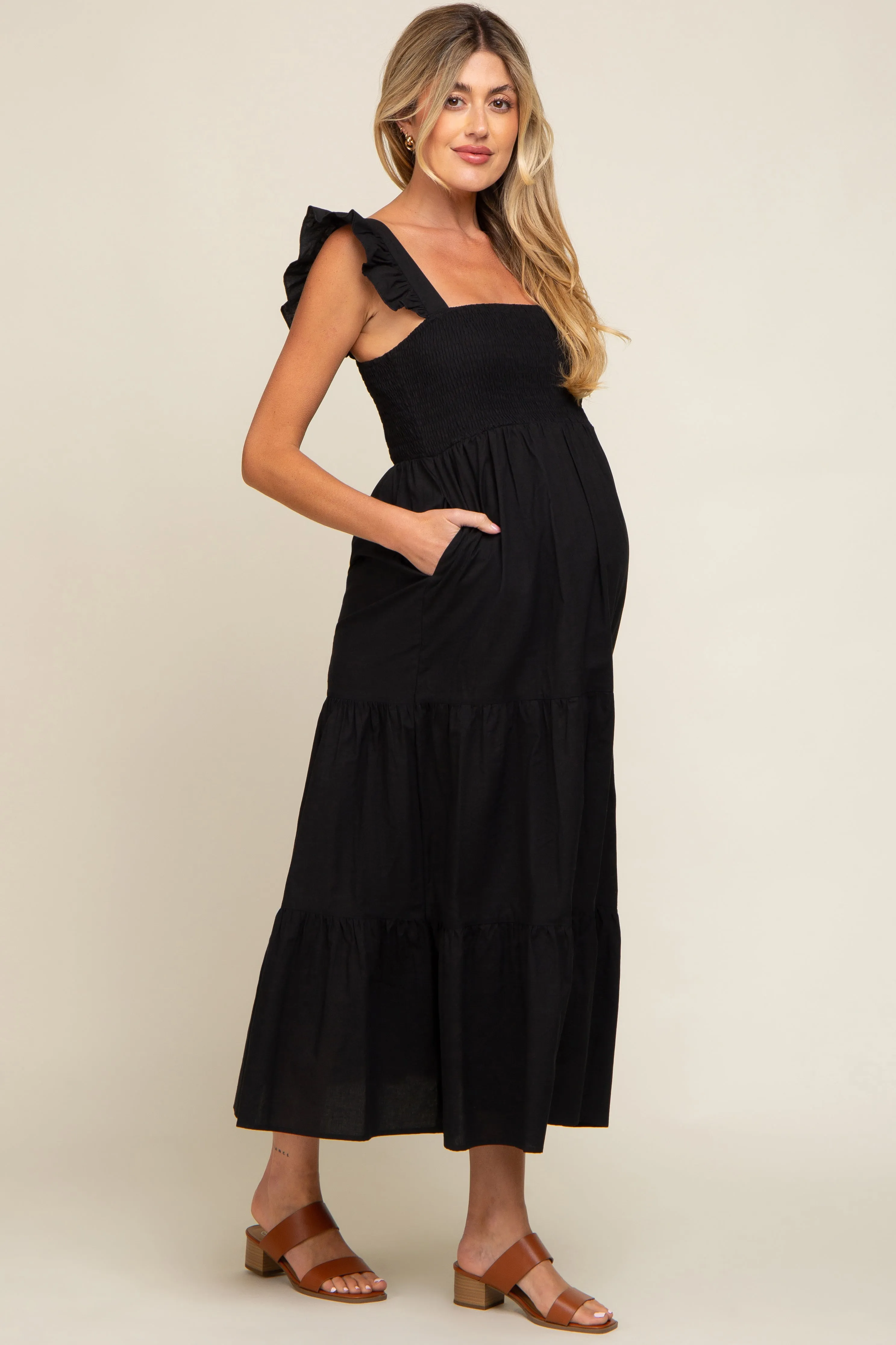 Black Sleeveless Tiered Maternity Maxi Dress sold by Pinkblush product image thumbnail 2