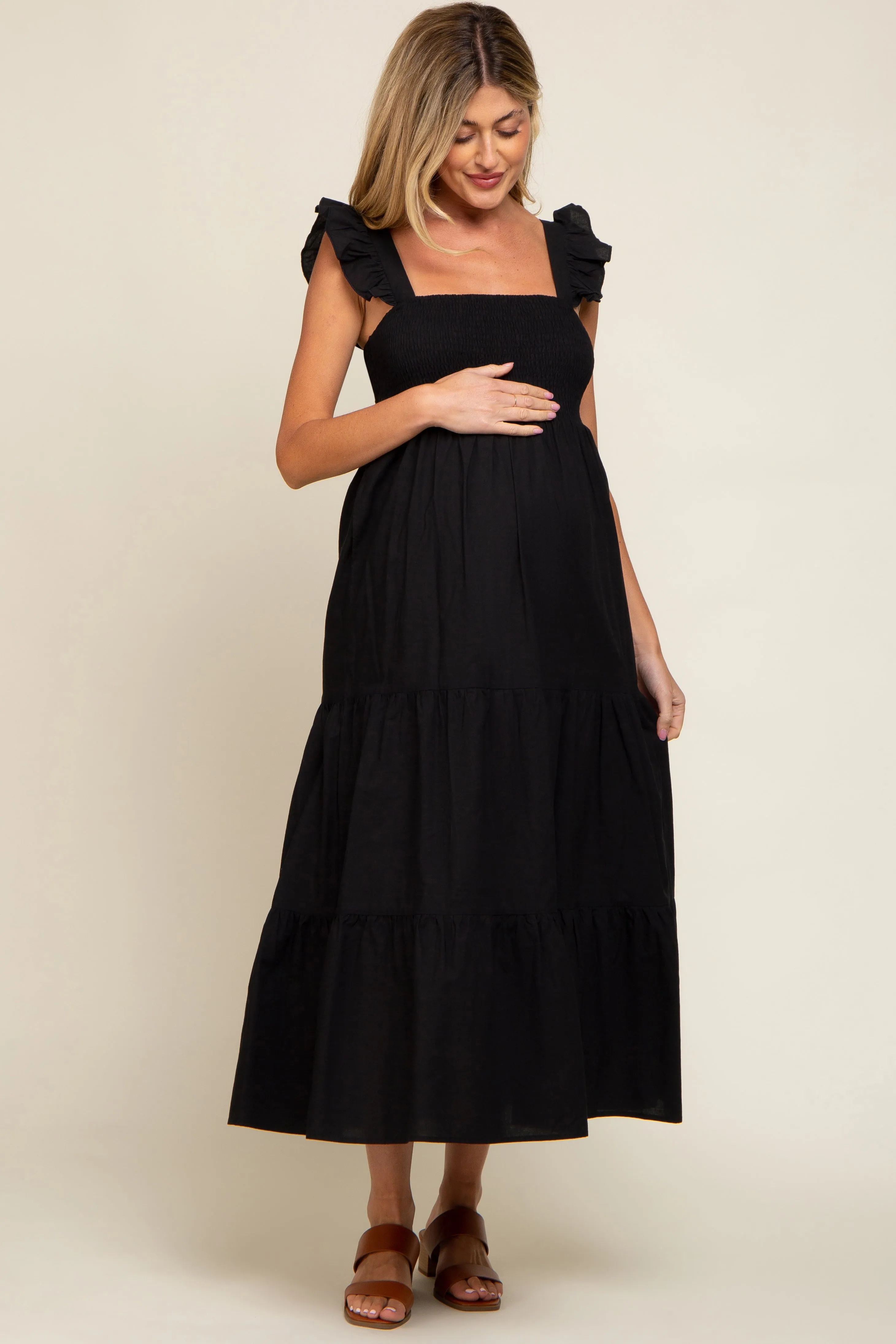 Black Sleeveless Tiered Maternity Maxi Dress sold by Pinkblush product image thumbnail 4