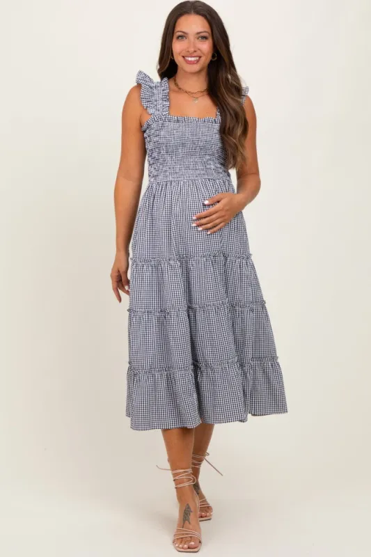 Black Gingham Ruffle Tiered Maternity Midi Dress sold by Pinkblush