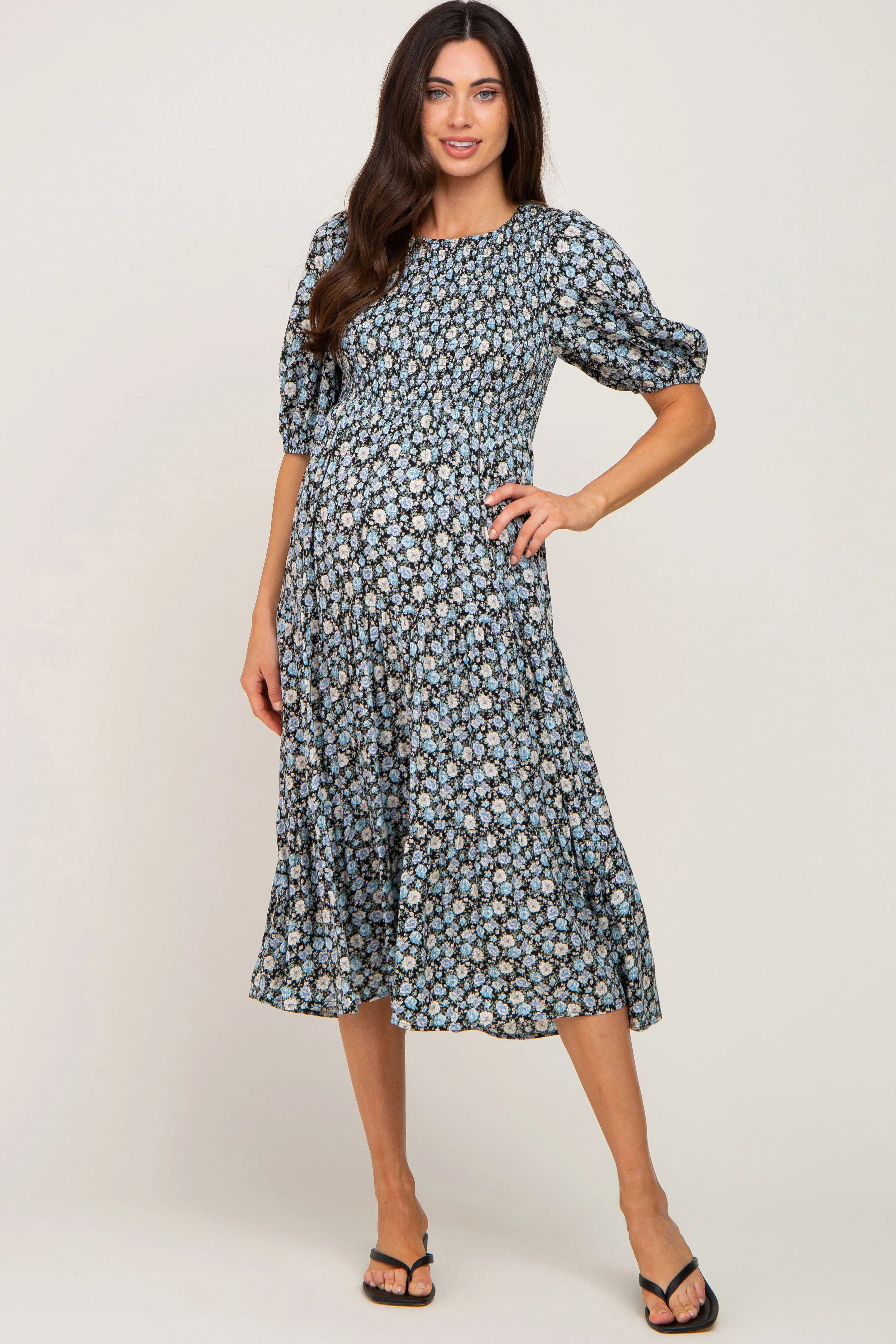 Black Floral Smocked Tiered Maternity Midi Dress sold by Pinkblush