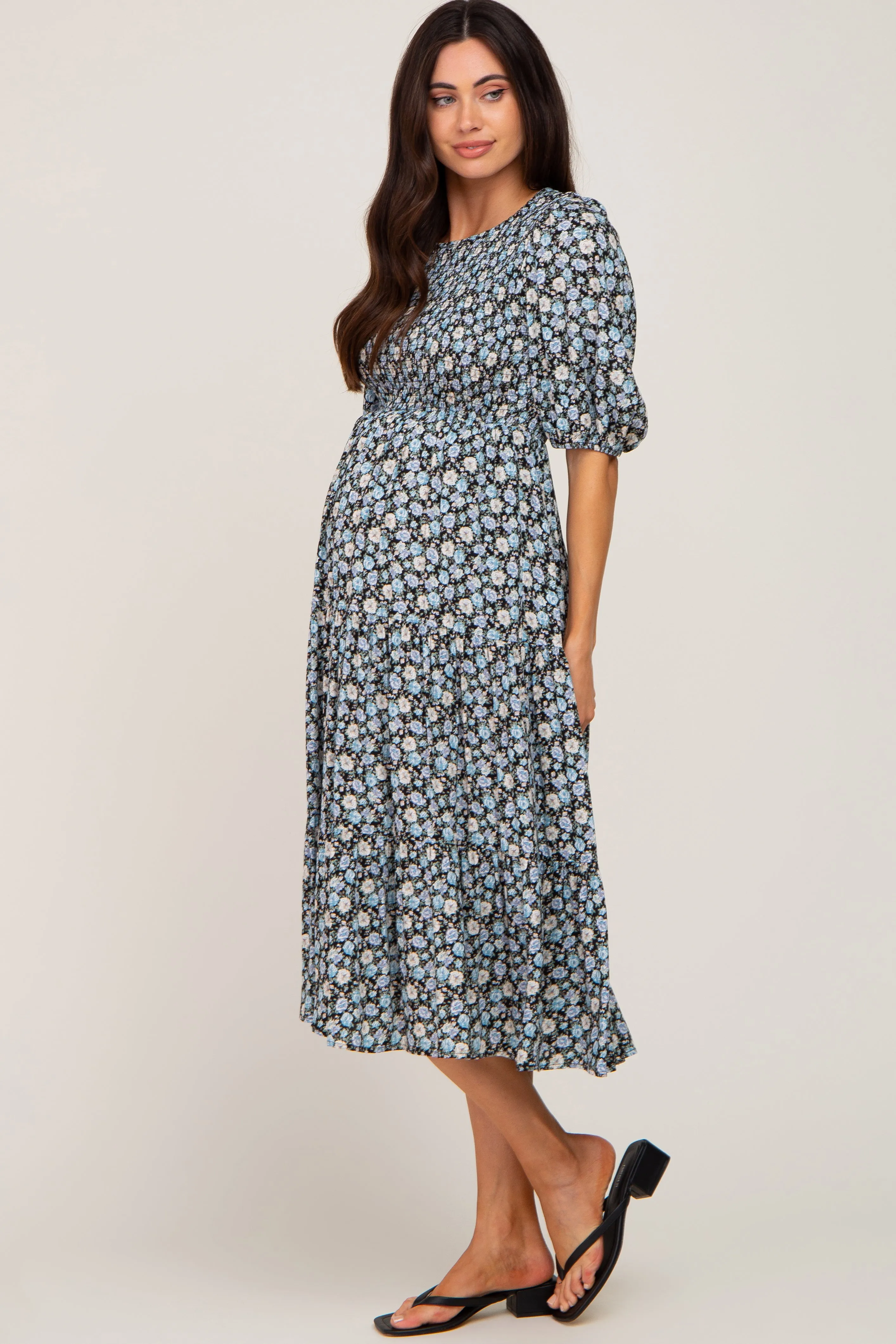 Black Floral Smocked Tiered Maternity Midi Dress sold by Pinkblush product image thumbnail 2