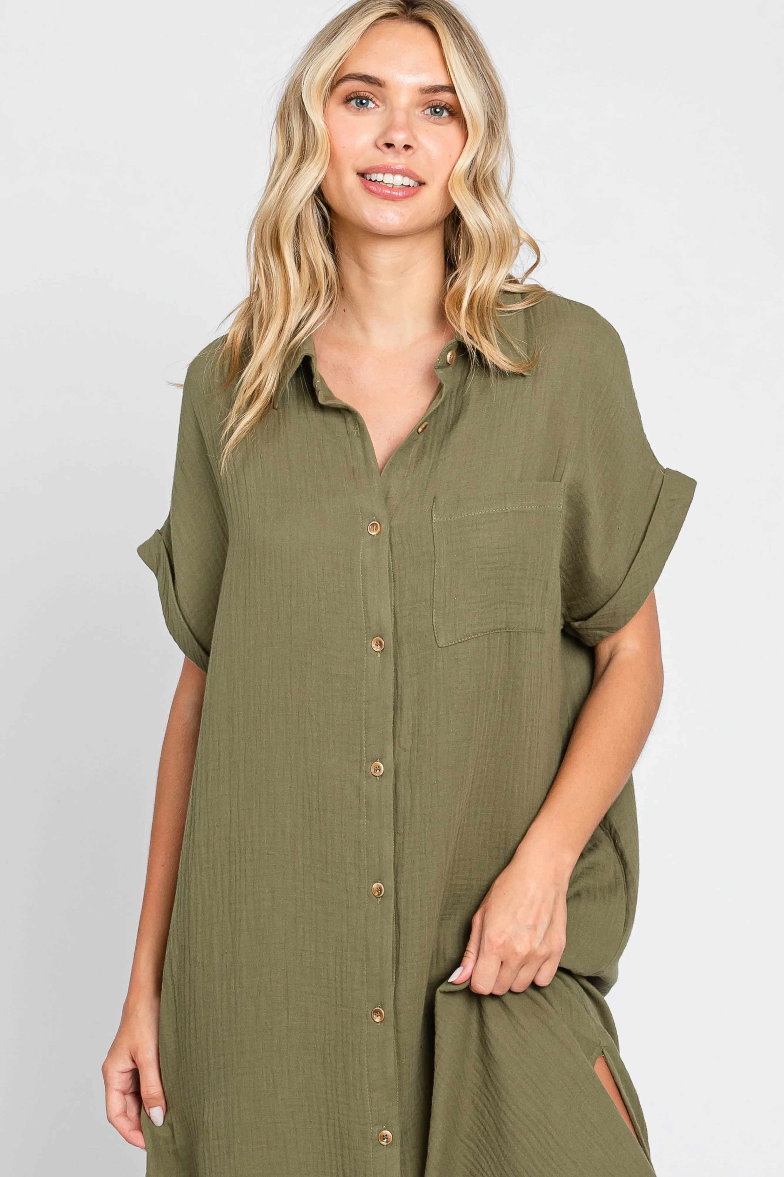 Olive Button Down Midi Dress sold by Pinkblush product image thumbnail 4