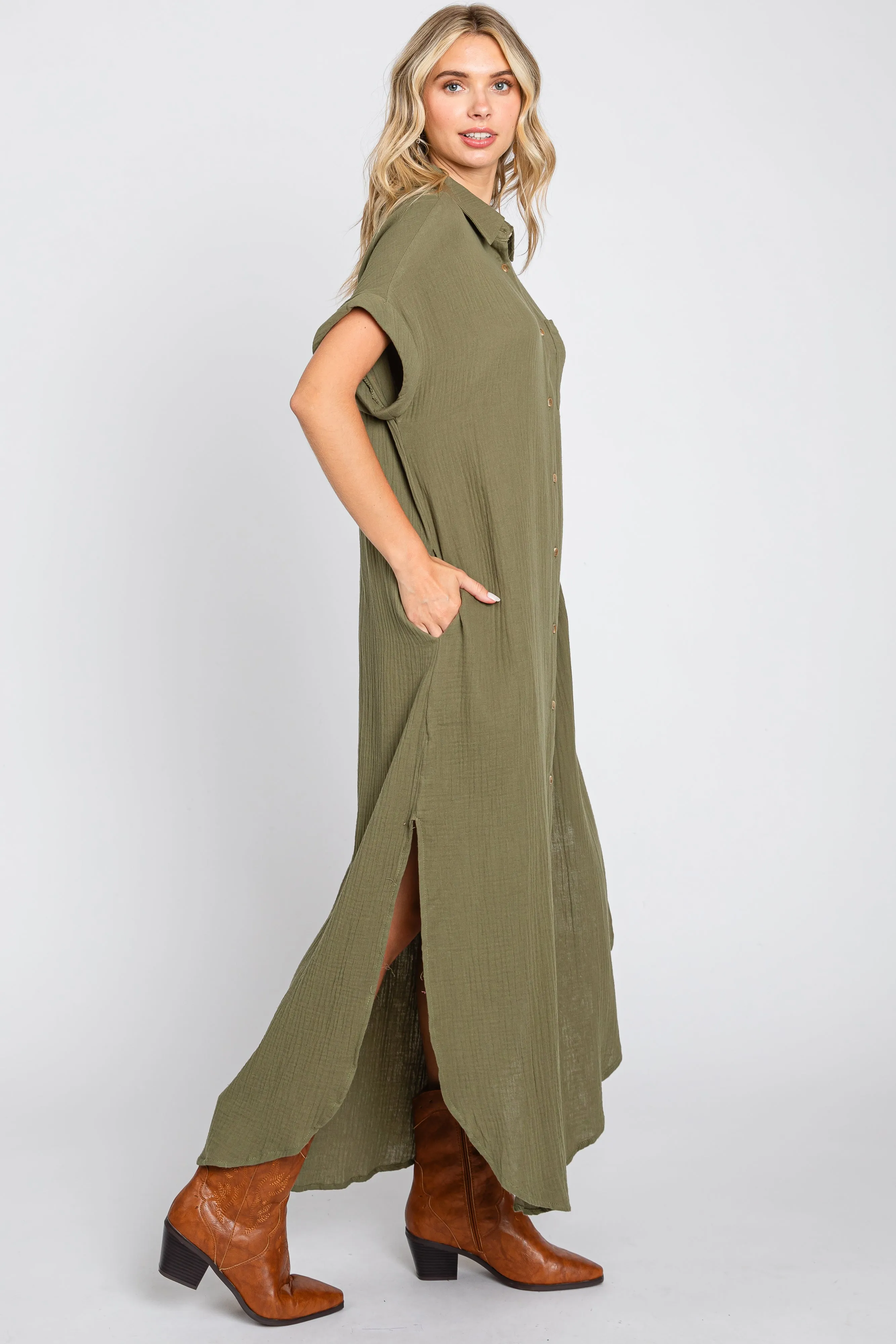 Olive Button Down Midi Dress sold by Pinkblush product image thumbnail 2