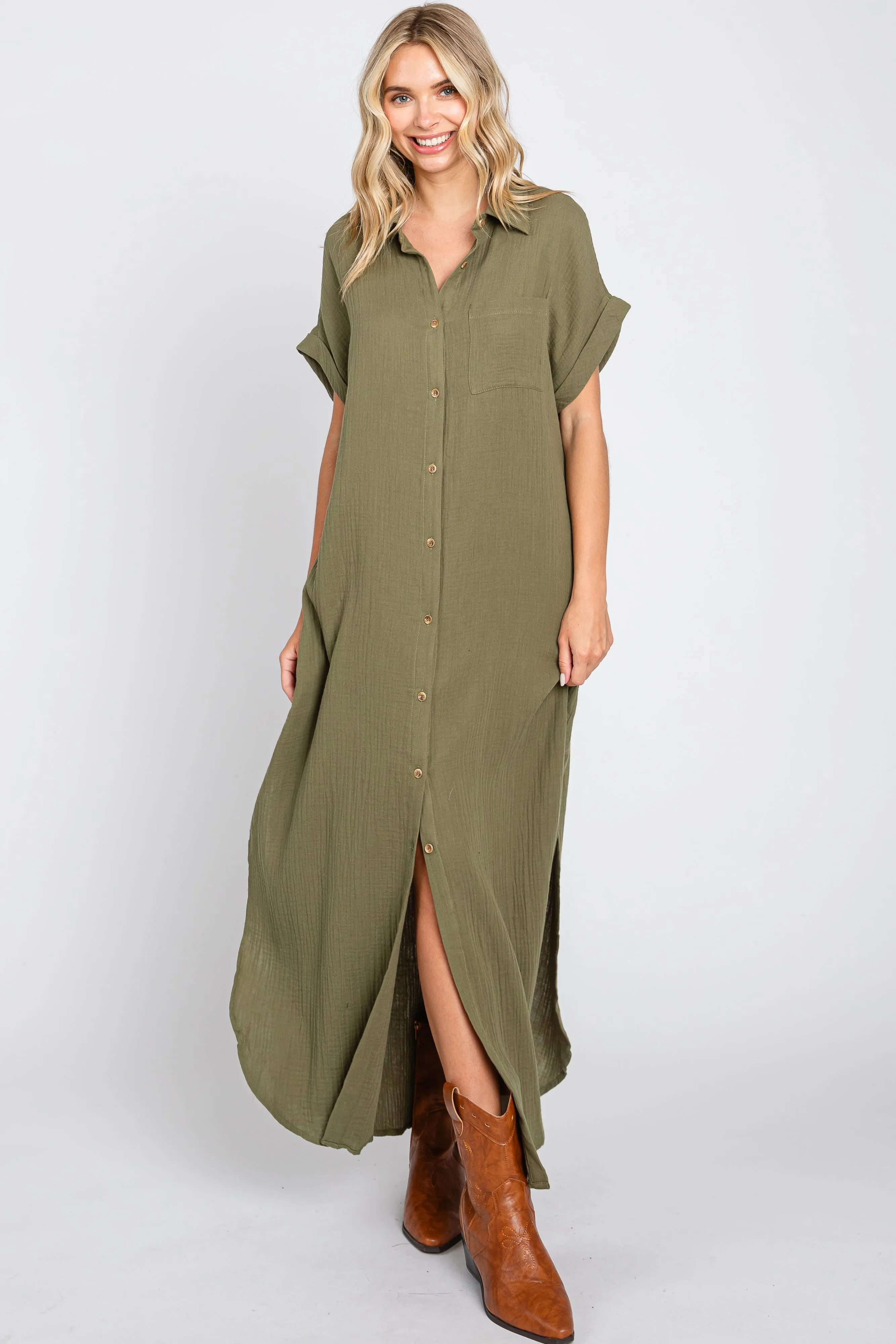Olive Button Down Midi Dress sold by Pinkblush