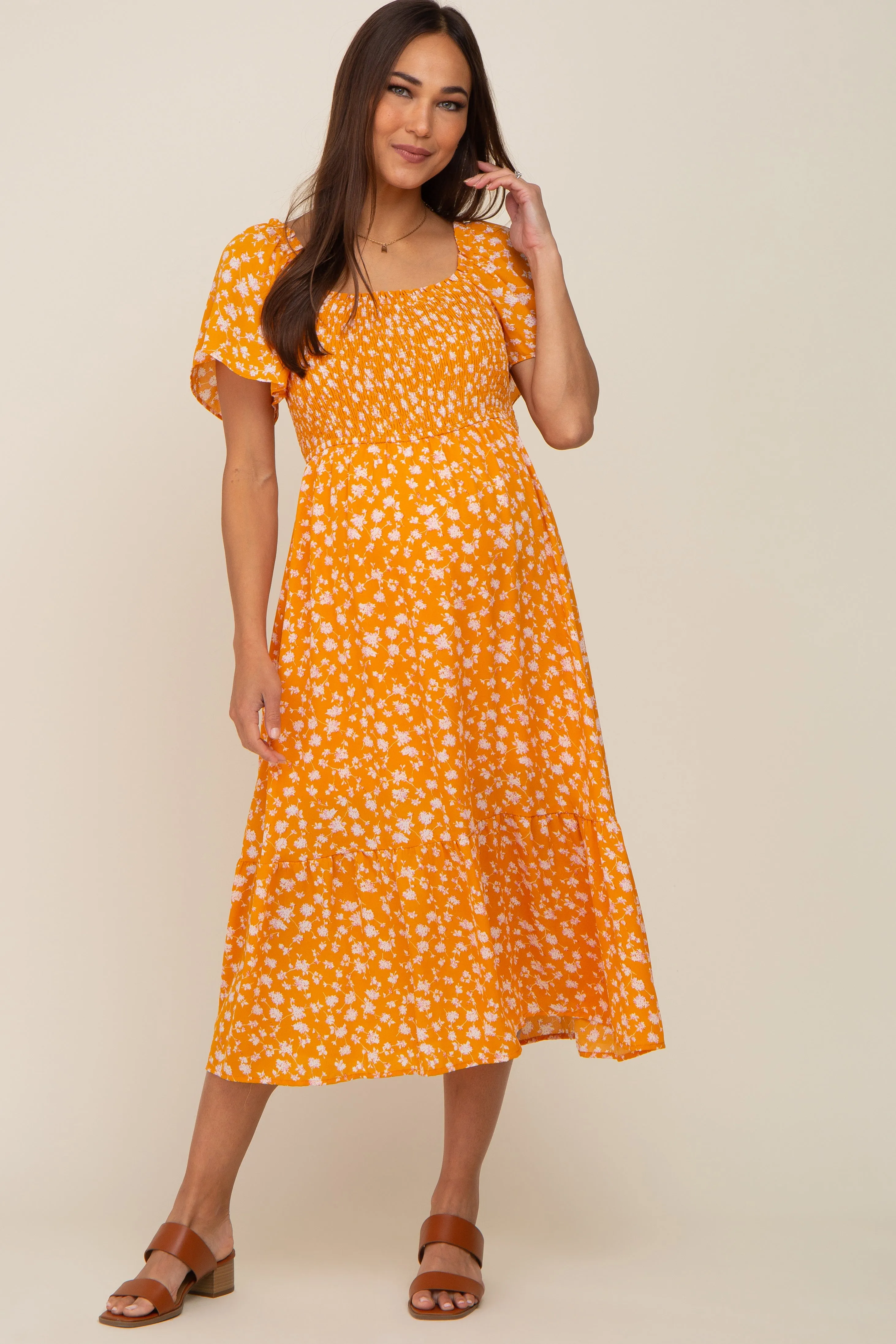 Yellow Floral Smocked Maternity Midi Dress sold by Pinkblush product image thumbnail 4