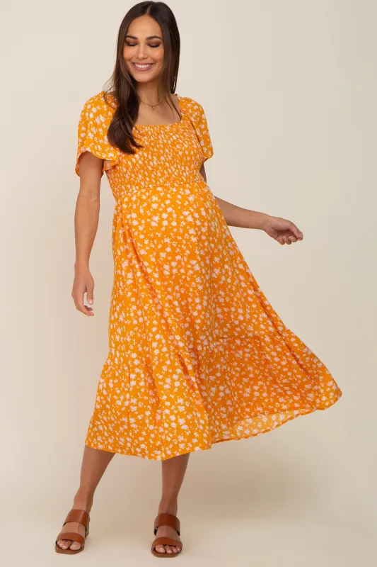 Yellow Floral Smocked Maternity Midi Dress sold by Pinkblush