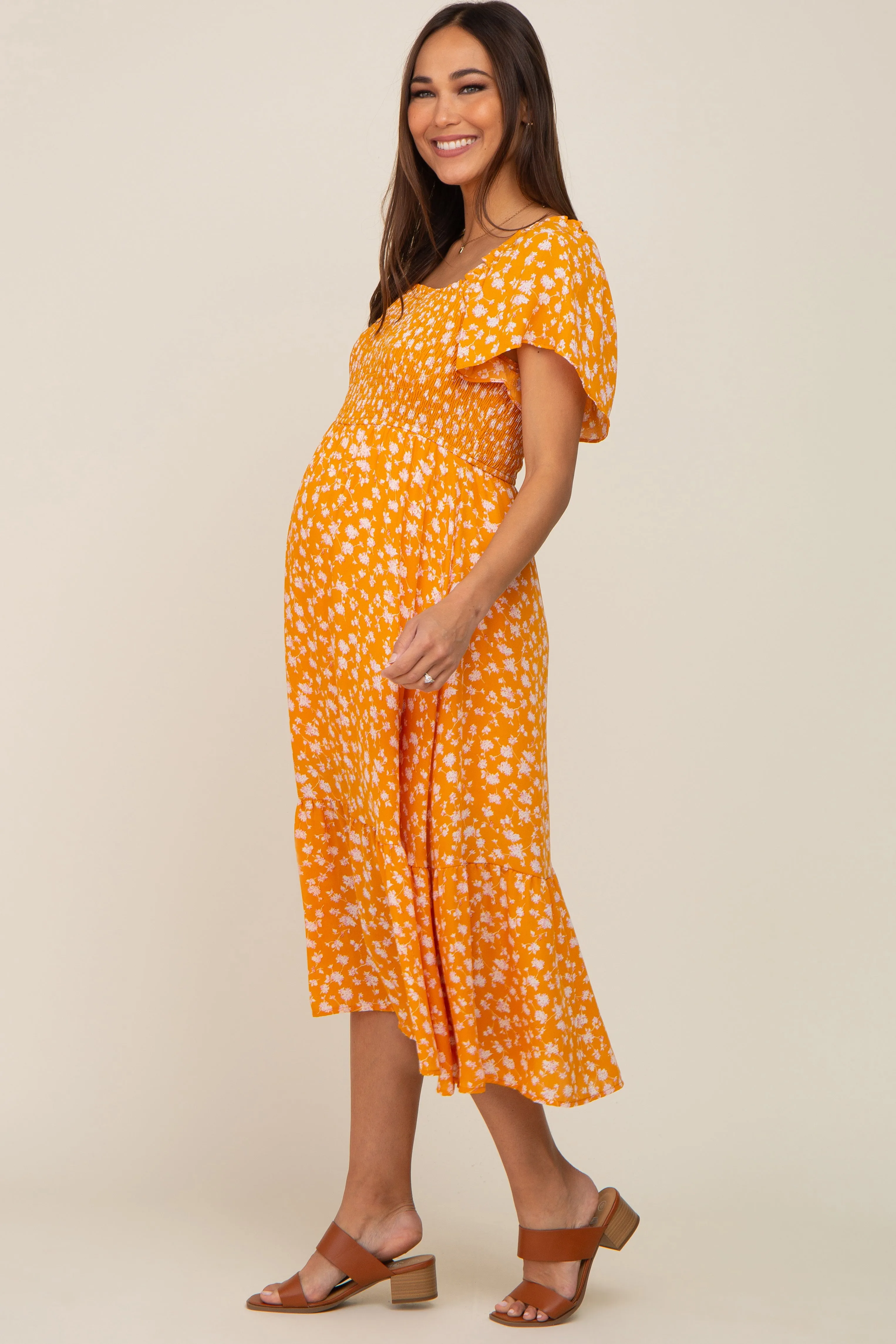 Yellow Floral Smocked Maternity Midi Dress sold by Pinkblush product image thumbnail 2
