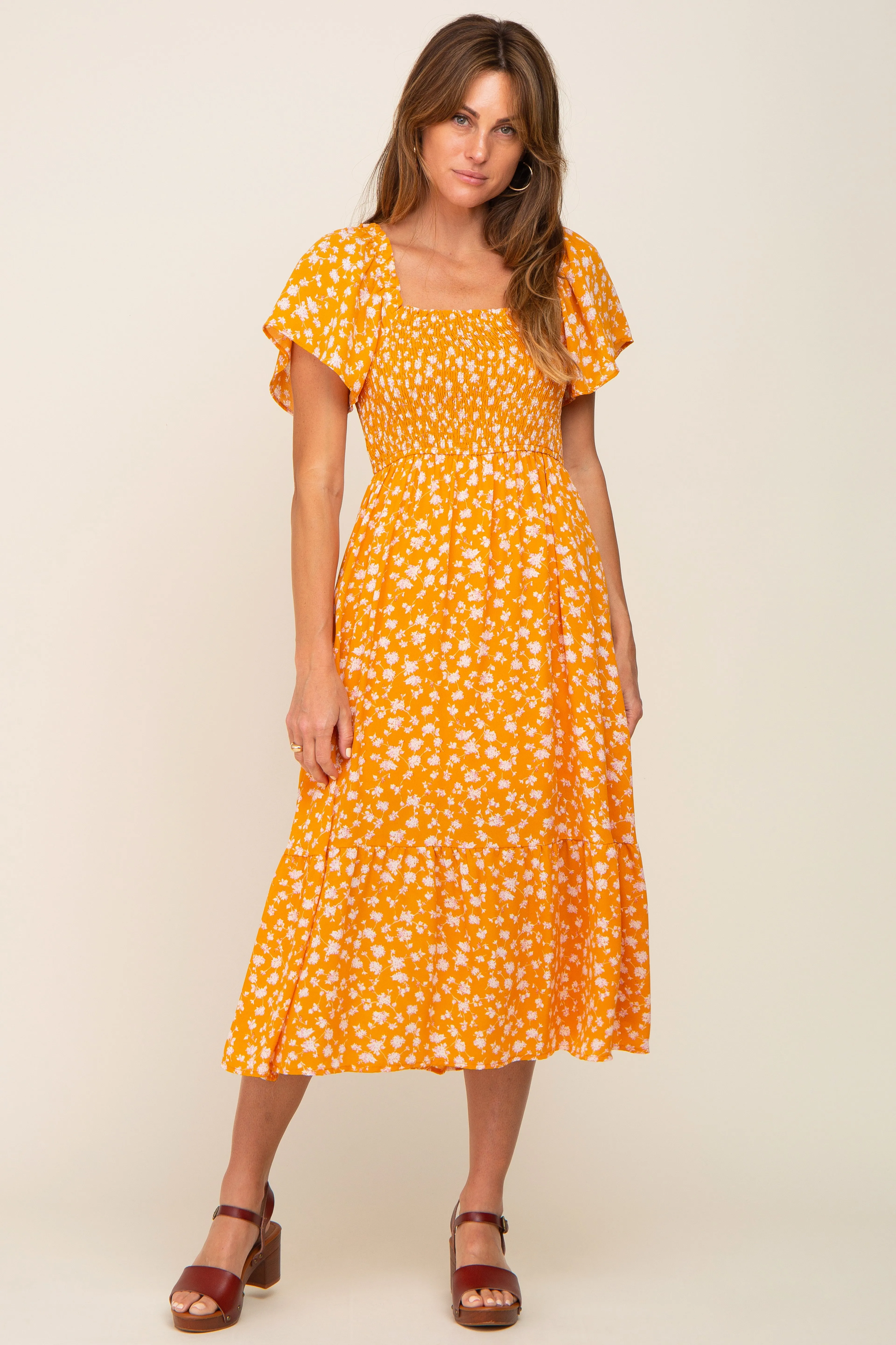 Yellow Floral Smocked Midi Dress sold by Pinkblush product image thumbnail 4
