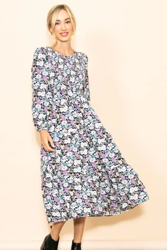 Black Floral Smocked Tiered Midi Dress sold by Pinkblush