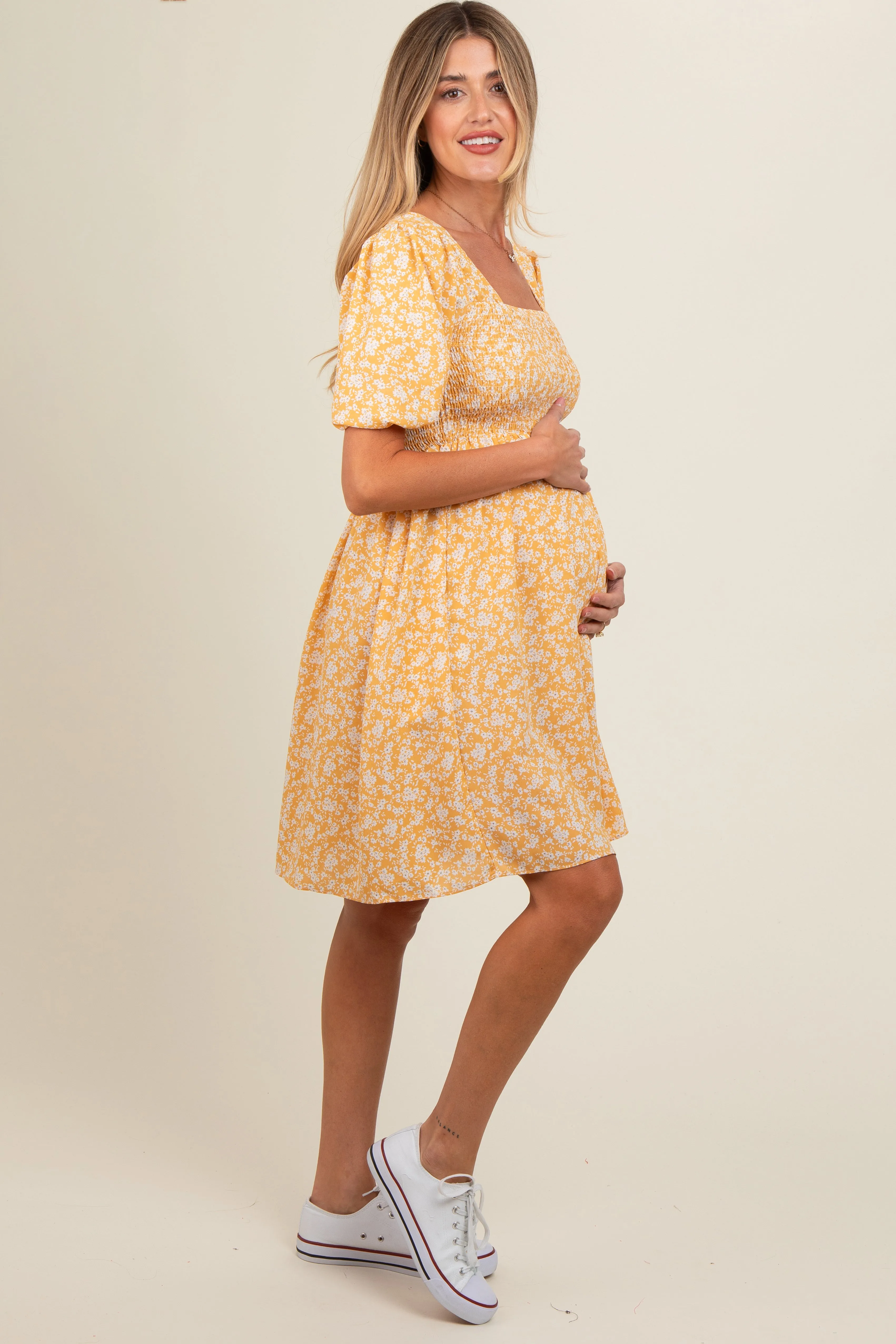 Yellow Floral Smocked Tie Back Maternity Dress sold by Pinkblush product image thumbnail 2
