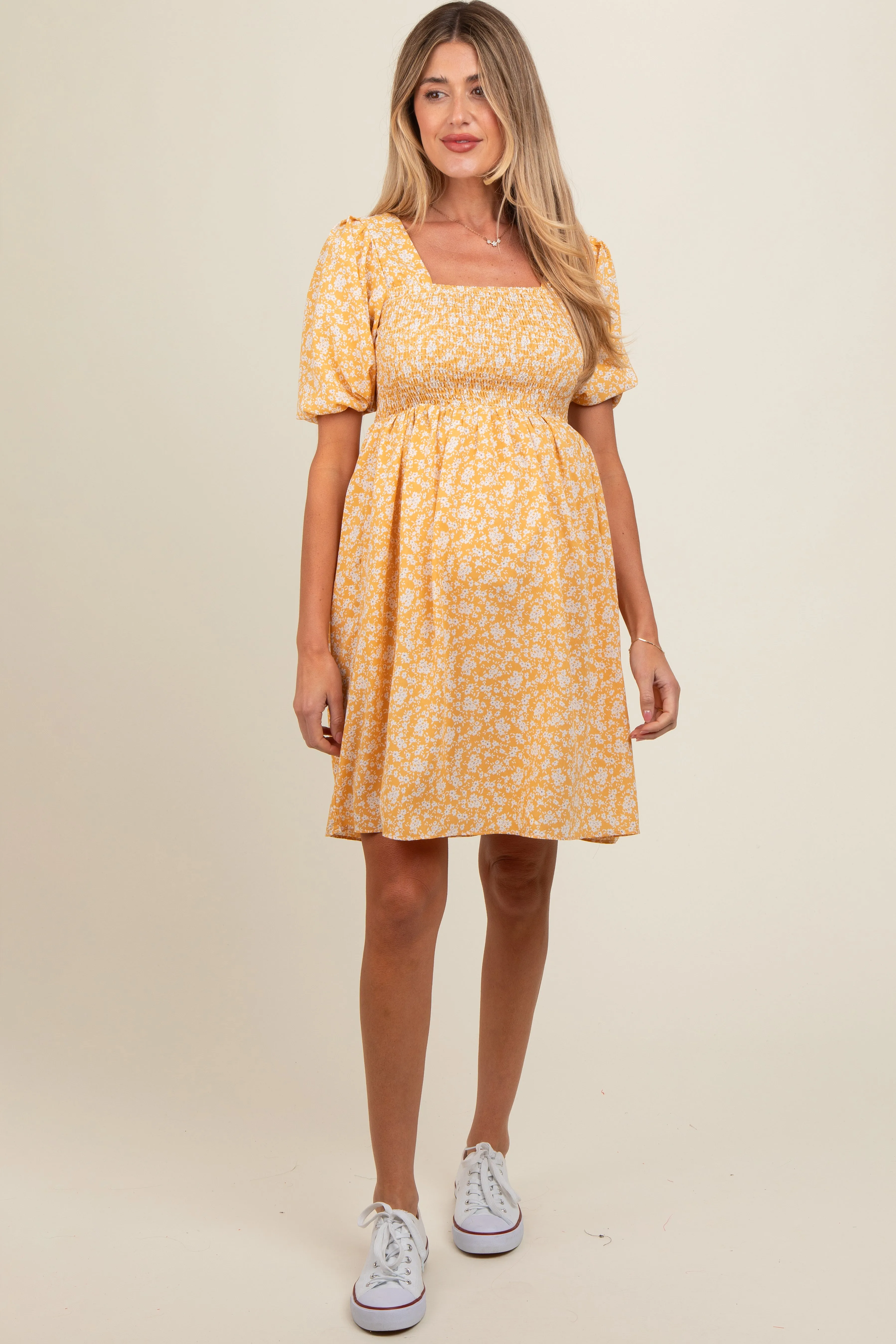 Yellow Floral Smocked Tie Back Maternity Dress sold by Pinkblush