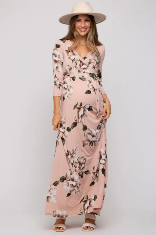 Light Pink Floral Wrap Maternity Maxi Dress sold by Pinkblush