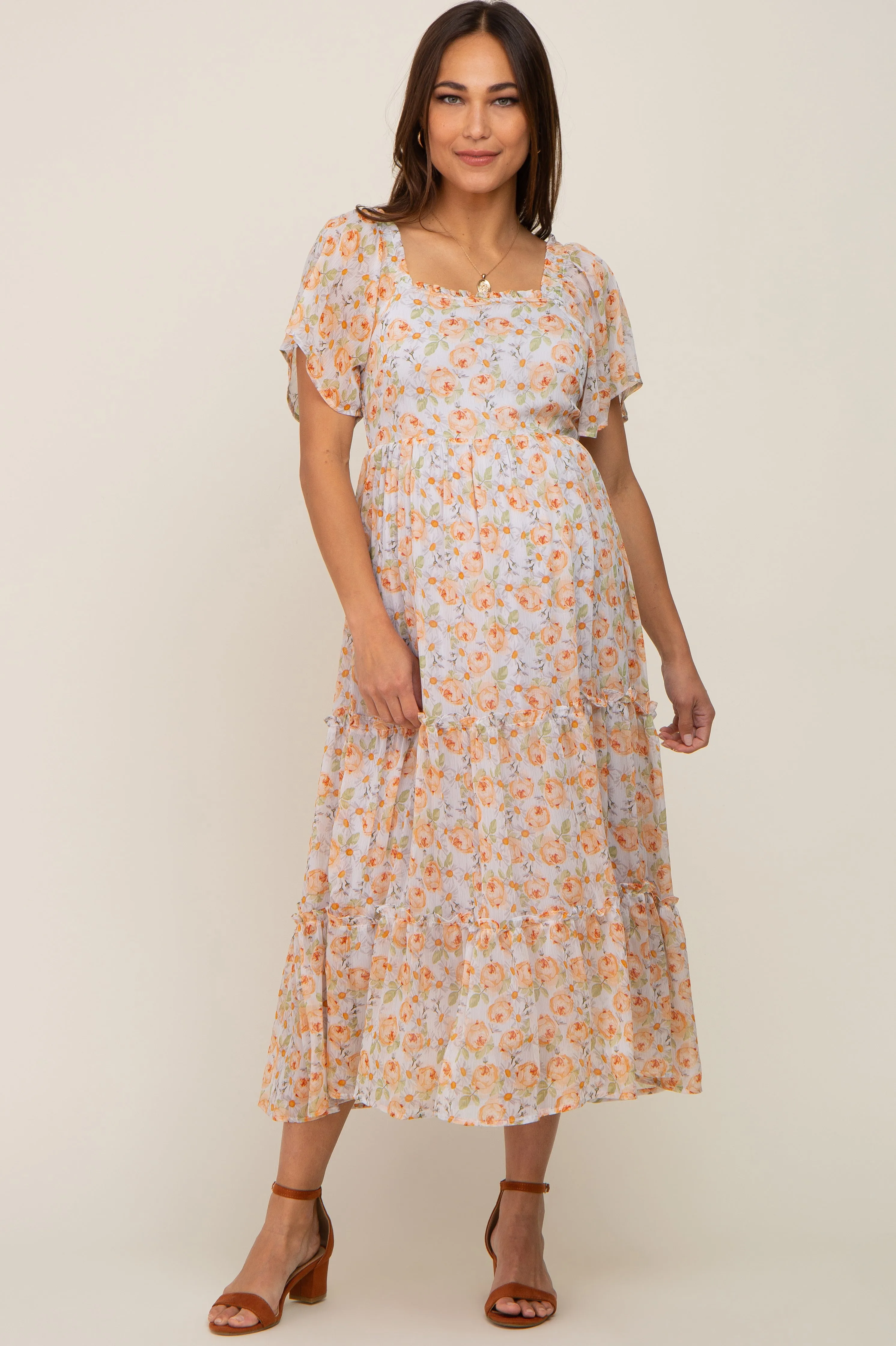 Coral Floral Chiffon Tiered Maternity Midi Dress sold by Pinkblush product image thumbnail 4