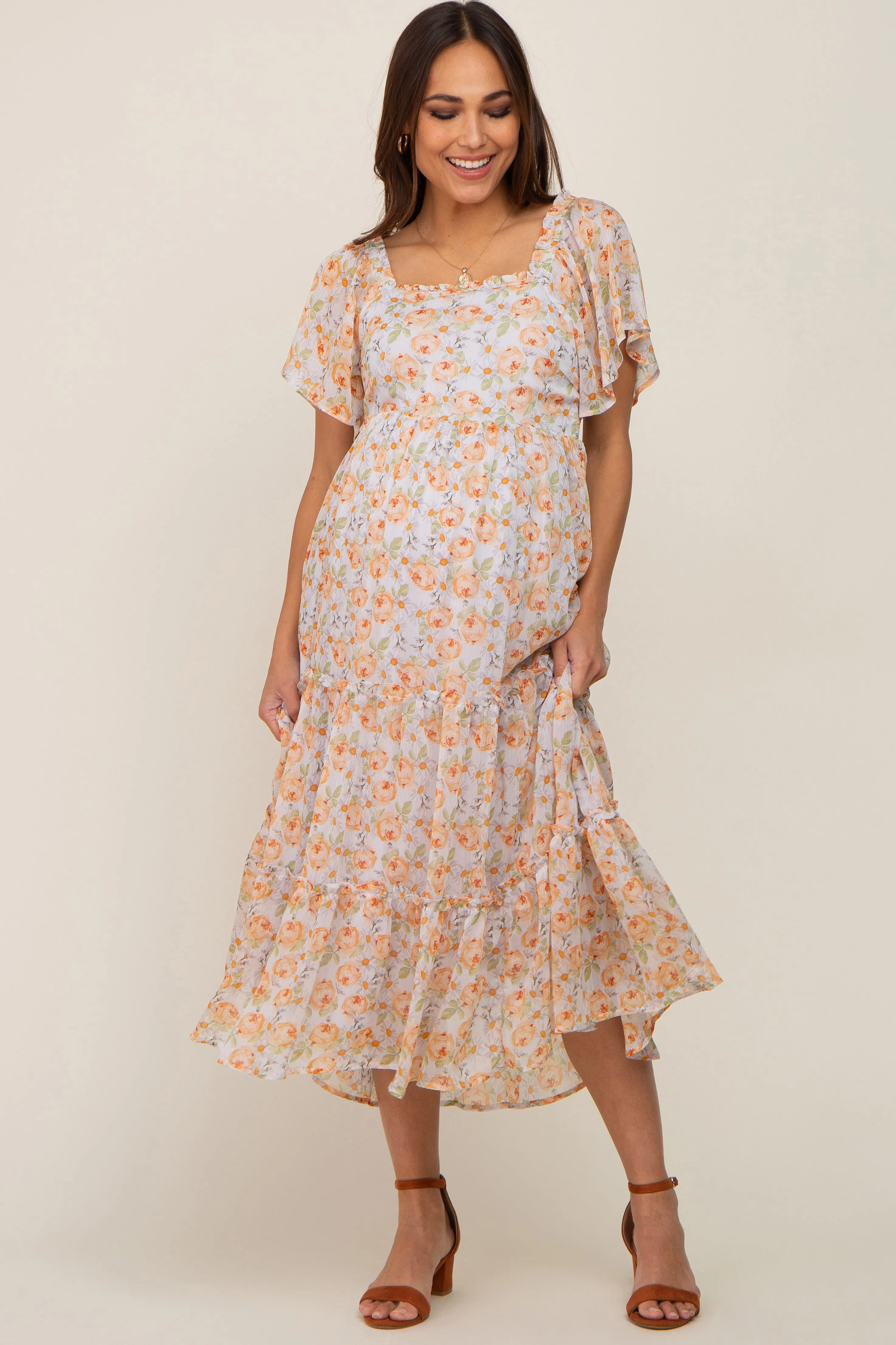 Coral Floral Chiffon Tiered Maternity Midi Dress sold by Pinkblush