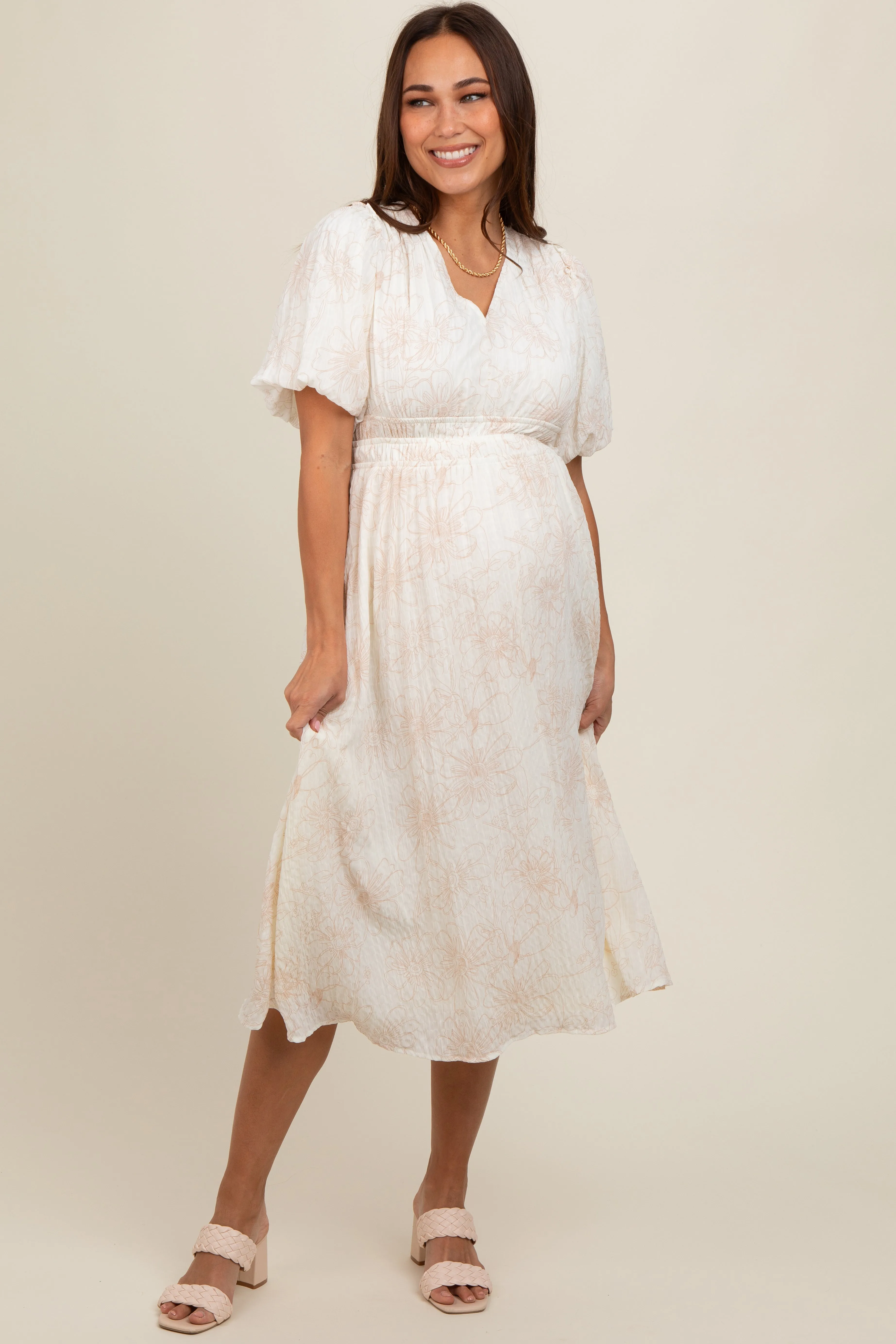 Cream Floral Smocked Waist Maternity Midi Dress sold by Pinkblush product image thumbnail 2
