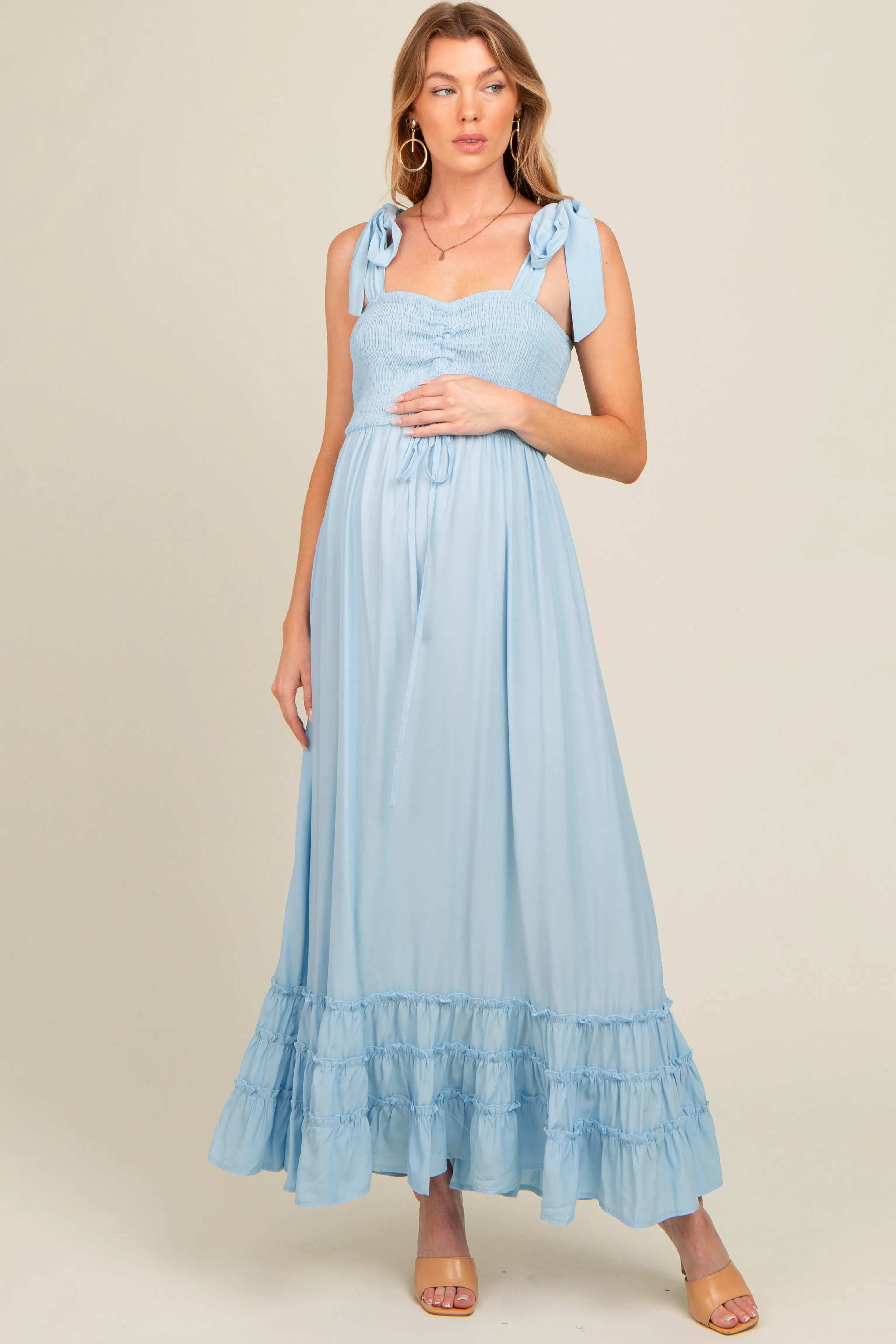 Light Blue Sweetheart Neck Smocked Shoulder Tie Maternity Maxi Dress sold by Pinkblush