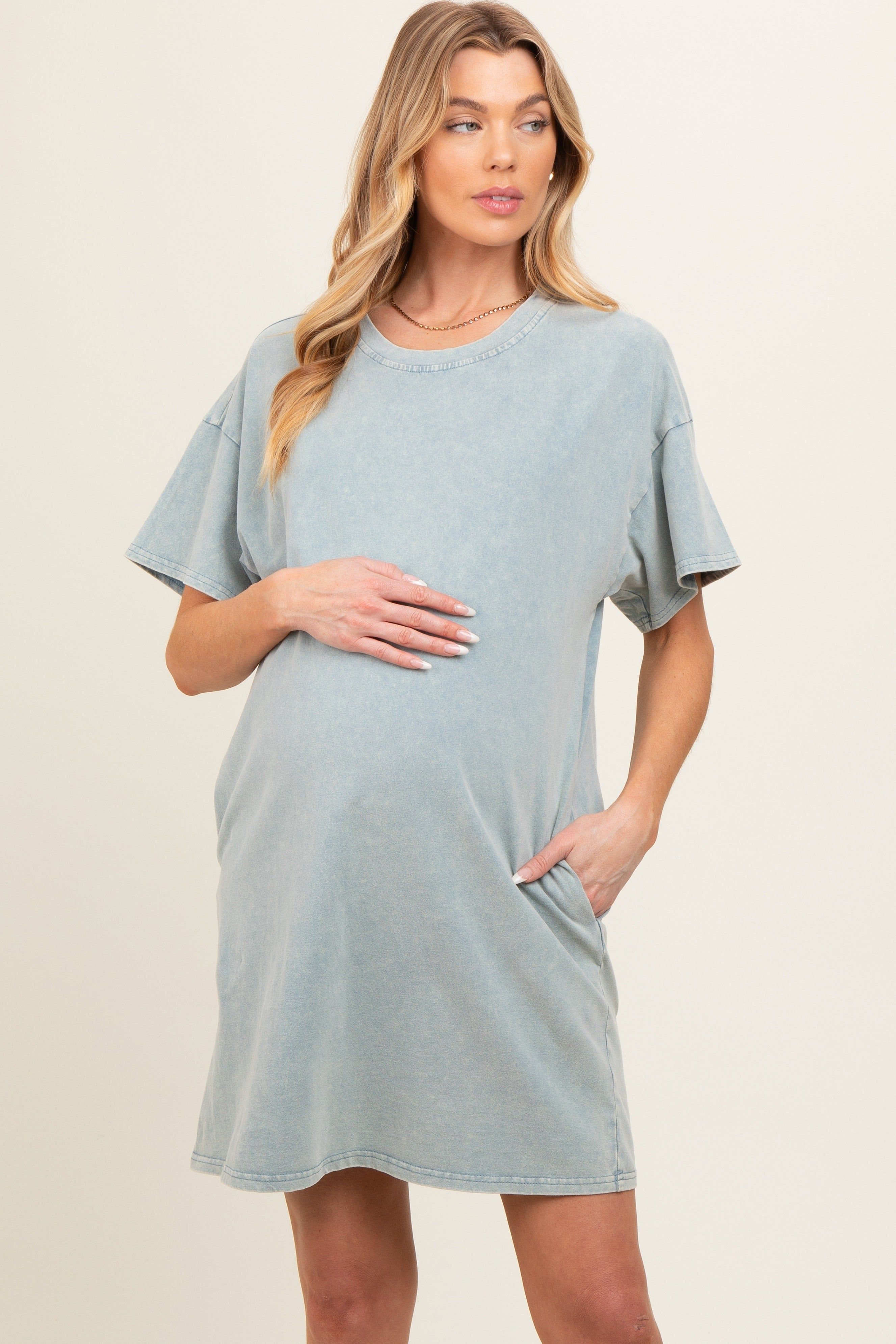 Light Blue Short Sleeve Side Pocket Maternity Dress sold by Pinkblush