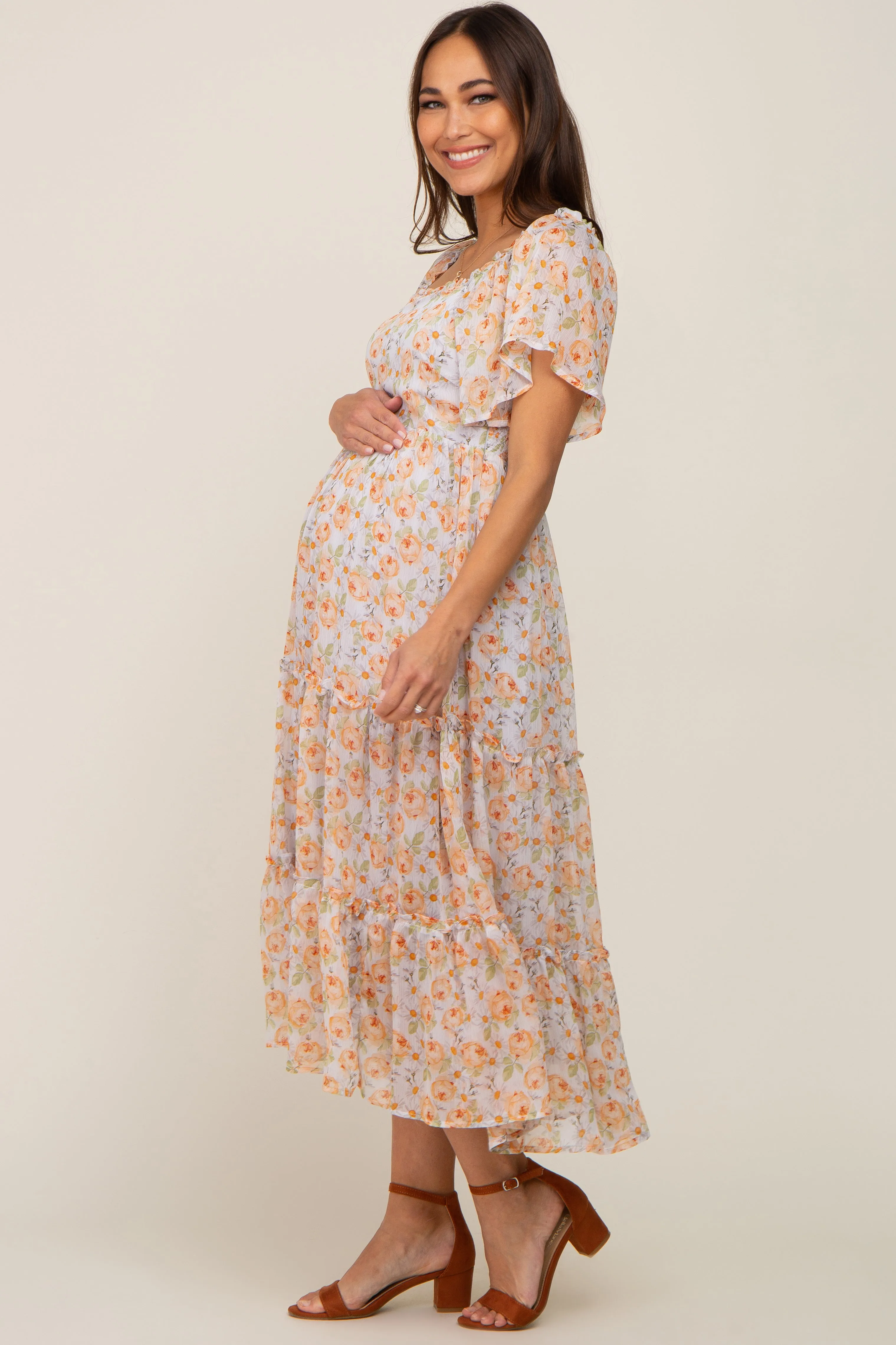 Coral Floral Chiffon Tiered Maternity Midi Dress sold by Pinkblush product image thumbnail 2