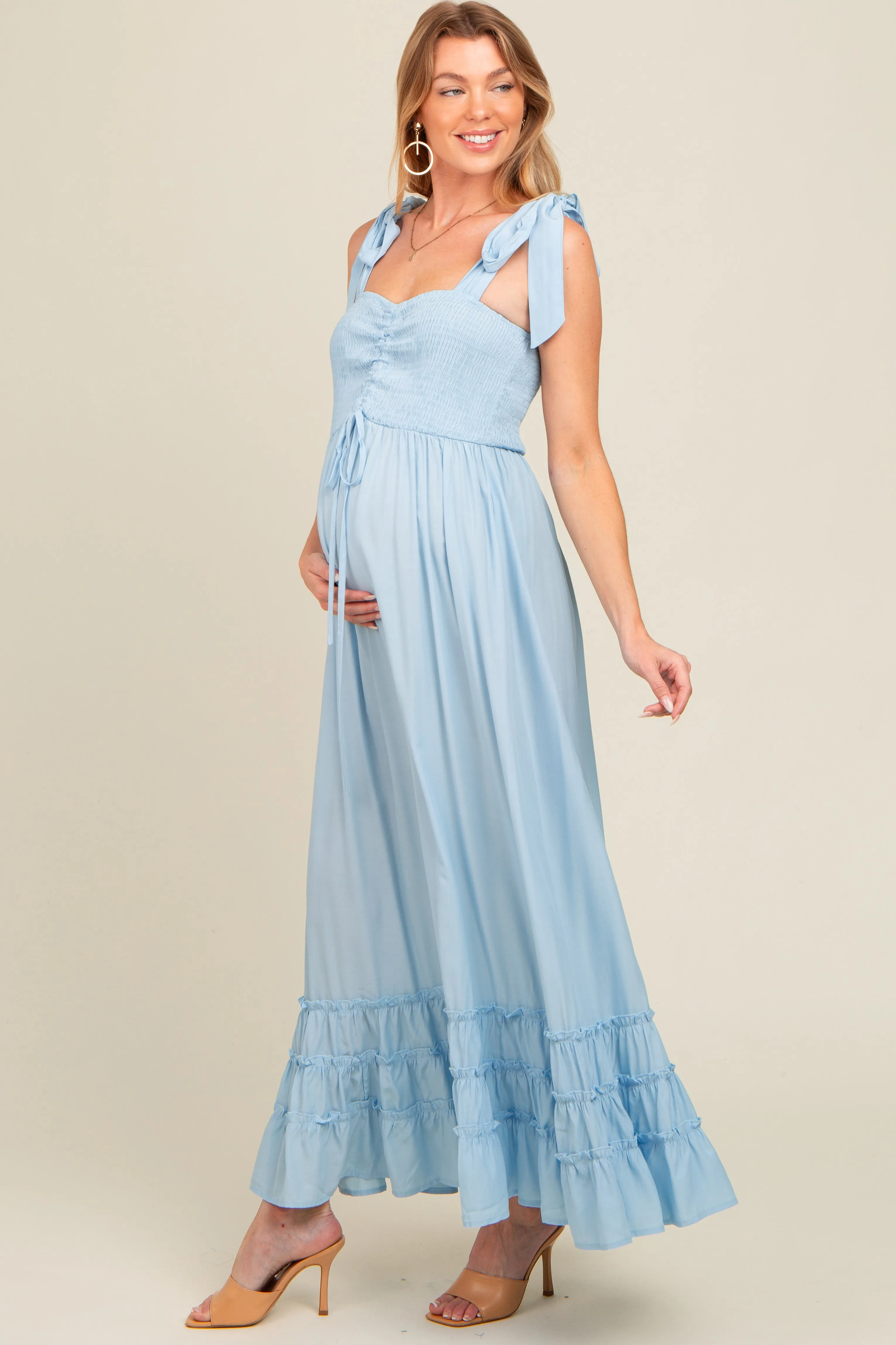 Light Blue Sweetheart Neck Smocked Shoulder Tie Maternity Maxi Dress sold by Pinkblush product image thumbnail 2