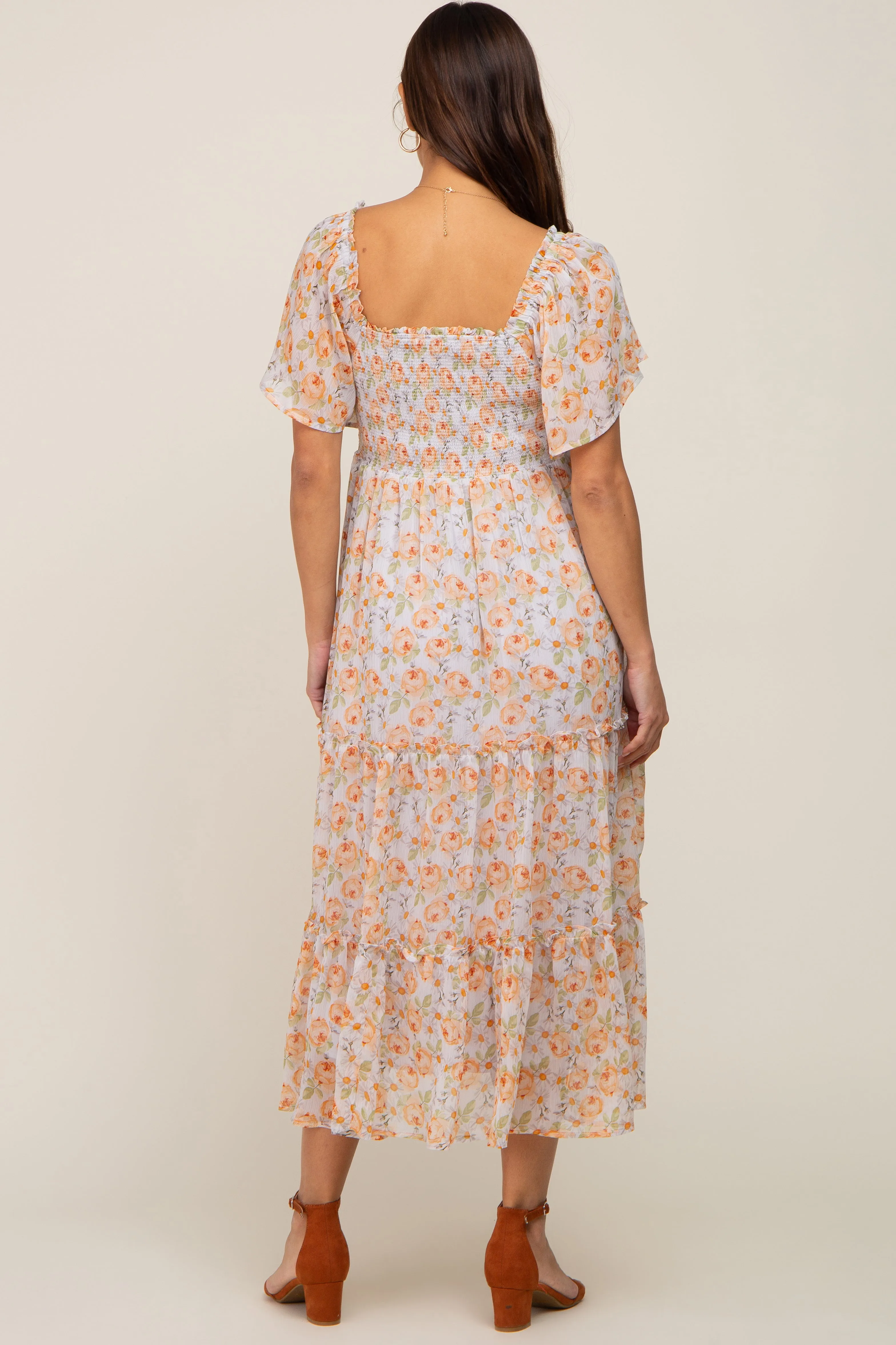 Coral Floral Chiffon Tiered Maternity Midi Dress sold by Pinkblush product image thumbnail 3