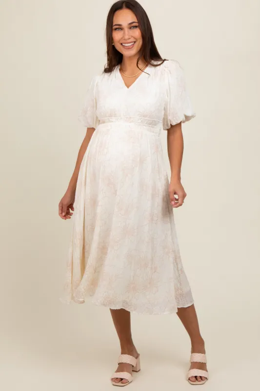 Cream Floral Smocked Waist Maternity Midi Dress sold by Pinkblush