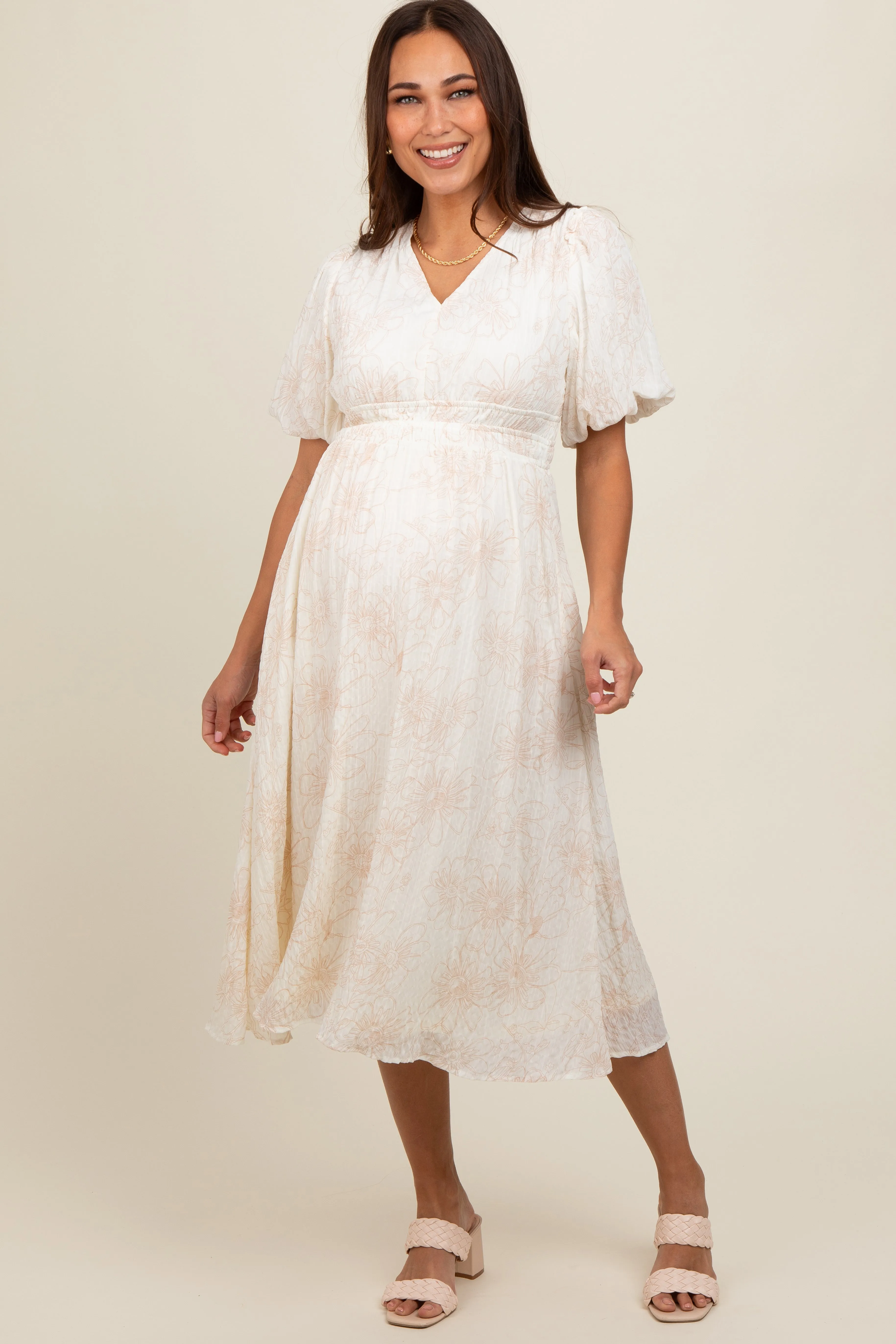 Cream Floral Smocked Waist Maternity Midi Dress sold by Pinkblush